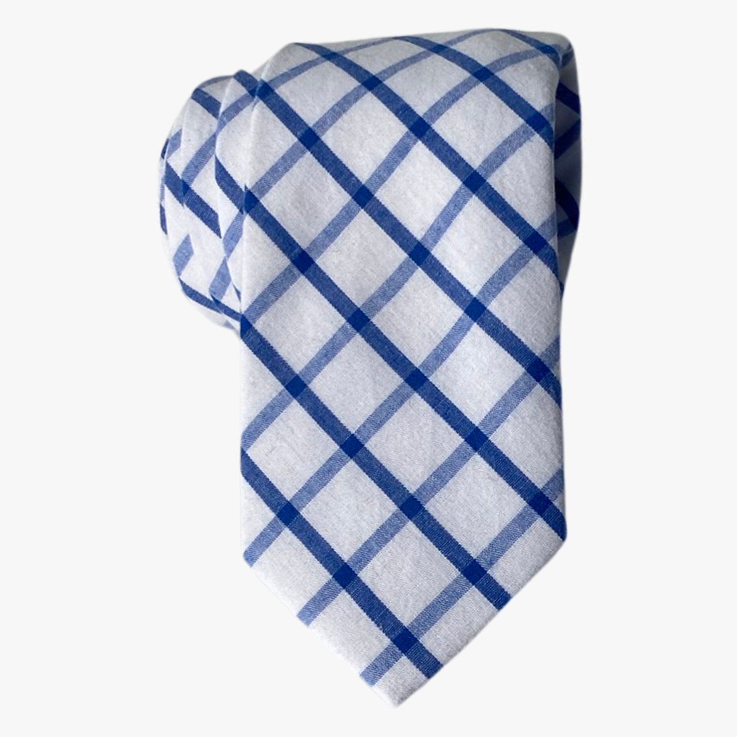 Adult mens cotton plaid tie with snow white fabric and criss-cross navy and light blue lines in a geometric grid pattern.