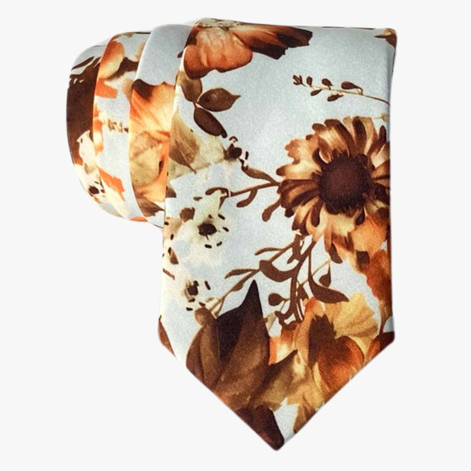 An adult autumn inspired floral tie with burnt orange colors, bronze and brown flowers, and dried leaves and stems. 