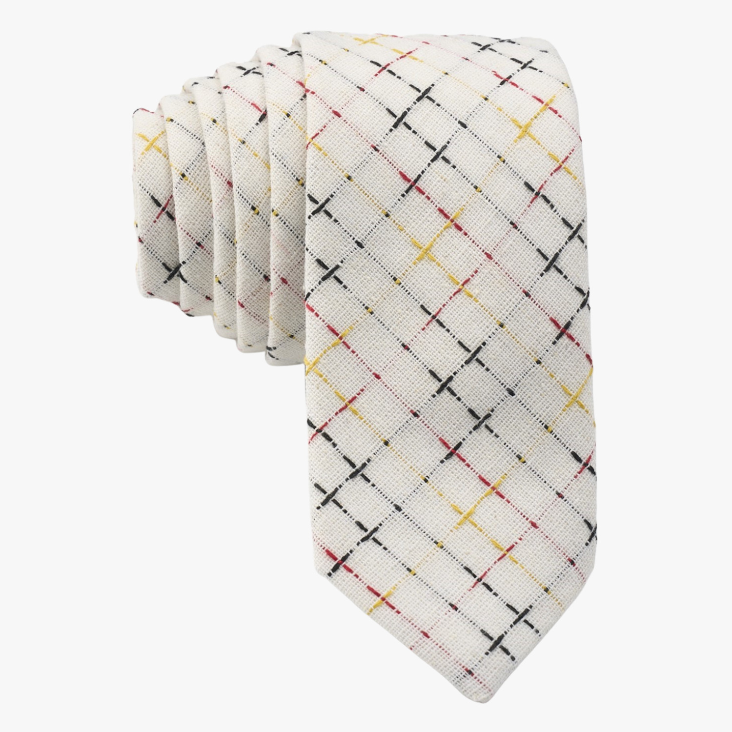 Adult mens striped necktie with colorful grid designs, intersecting red, yellow, and black lines on a white cotton fabric.
