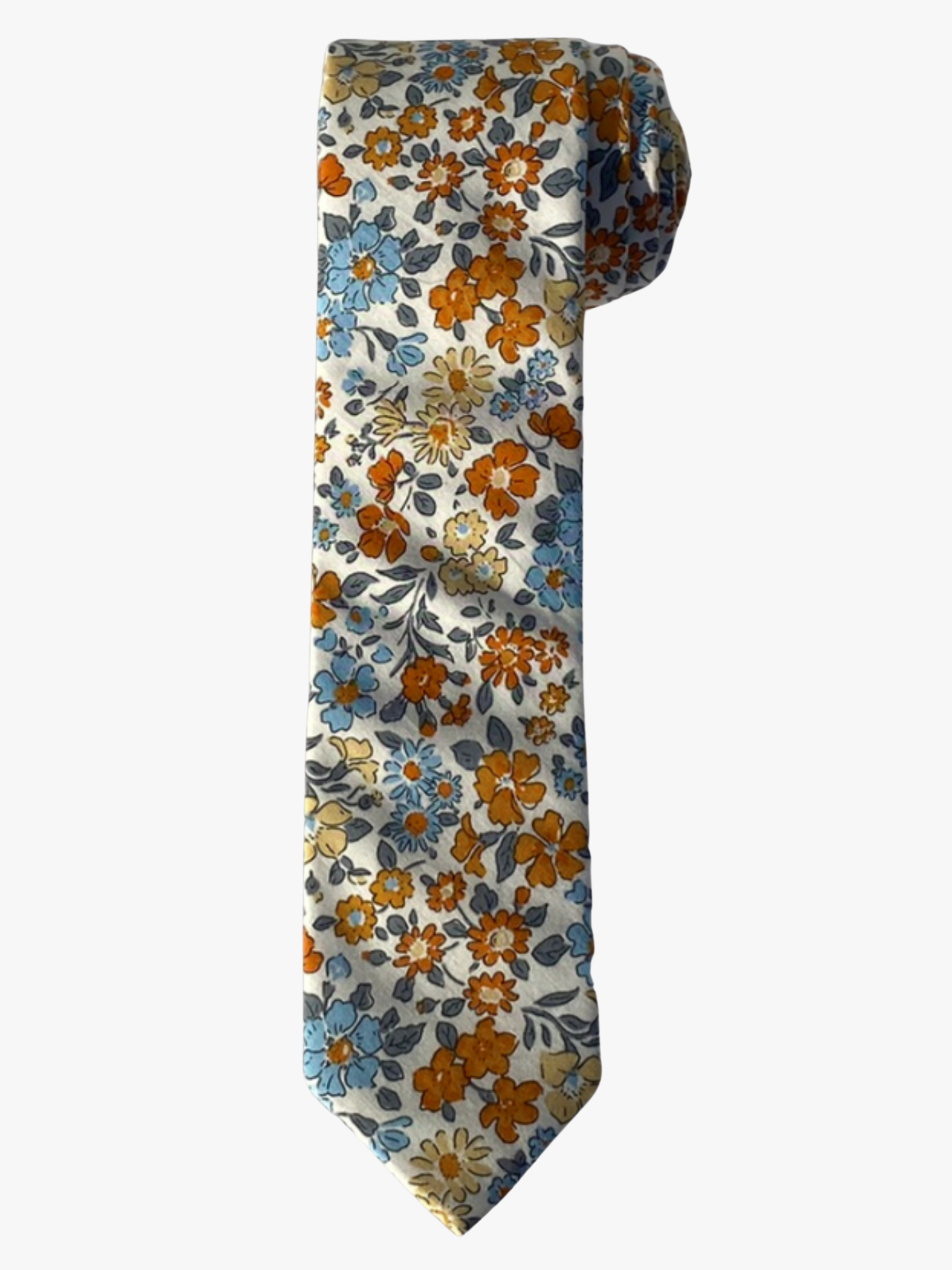 A rolled up unisex white, dark orange, pale blue, and yellow floral cotton necktie for teens, missionaries, men, and women.