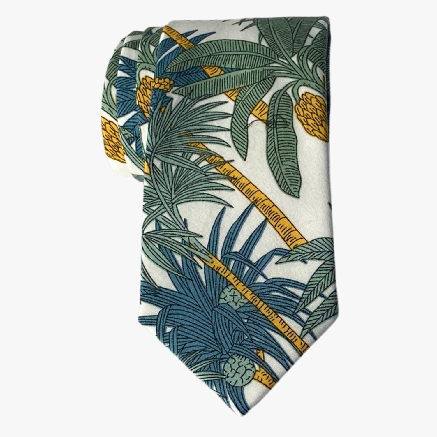 An adult white tropical necktie covered in golden yellow palm trees with light green leaves and dark teal blue palms.