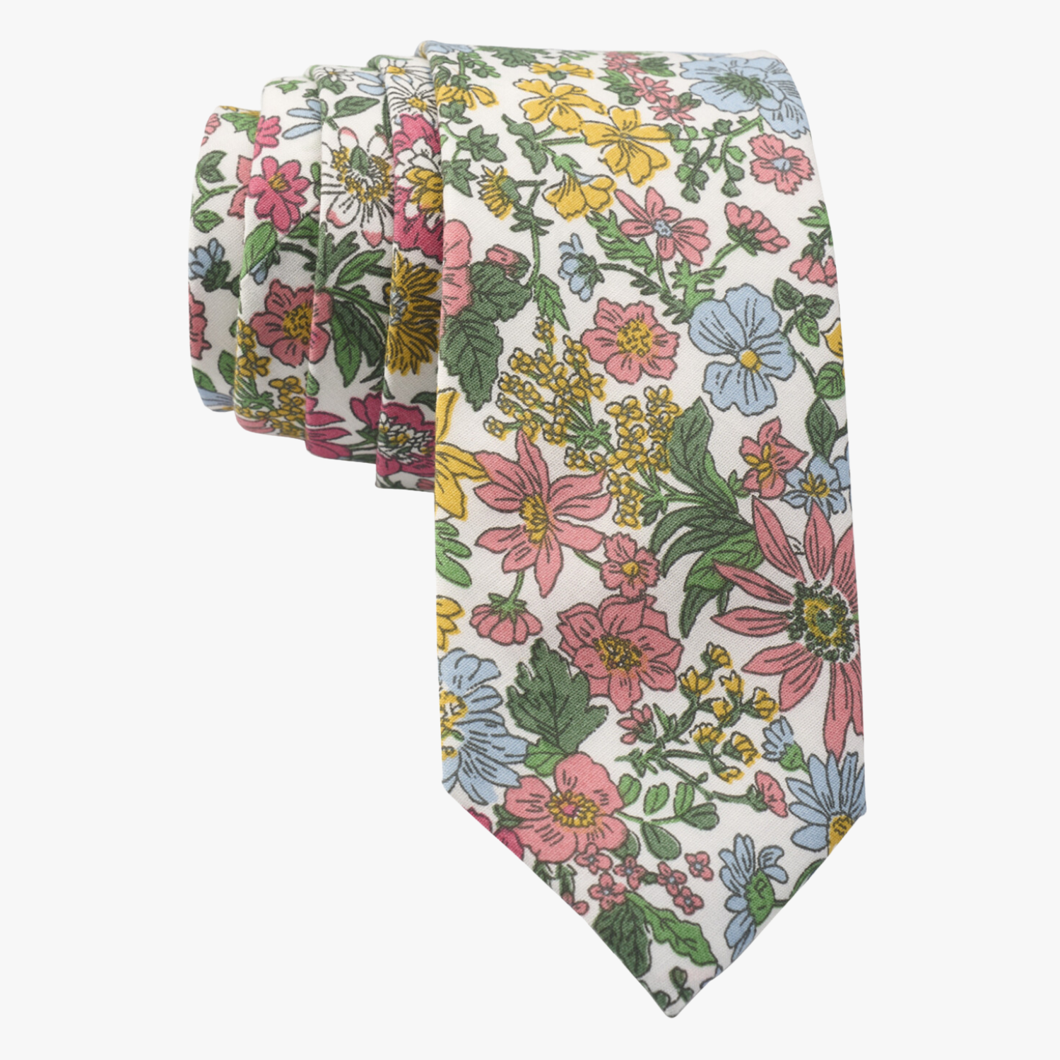 Spring floral necktie for men with pink wildflowers, blue petals, yellow blossoms, and green leaves on white cotton fabric.