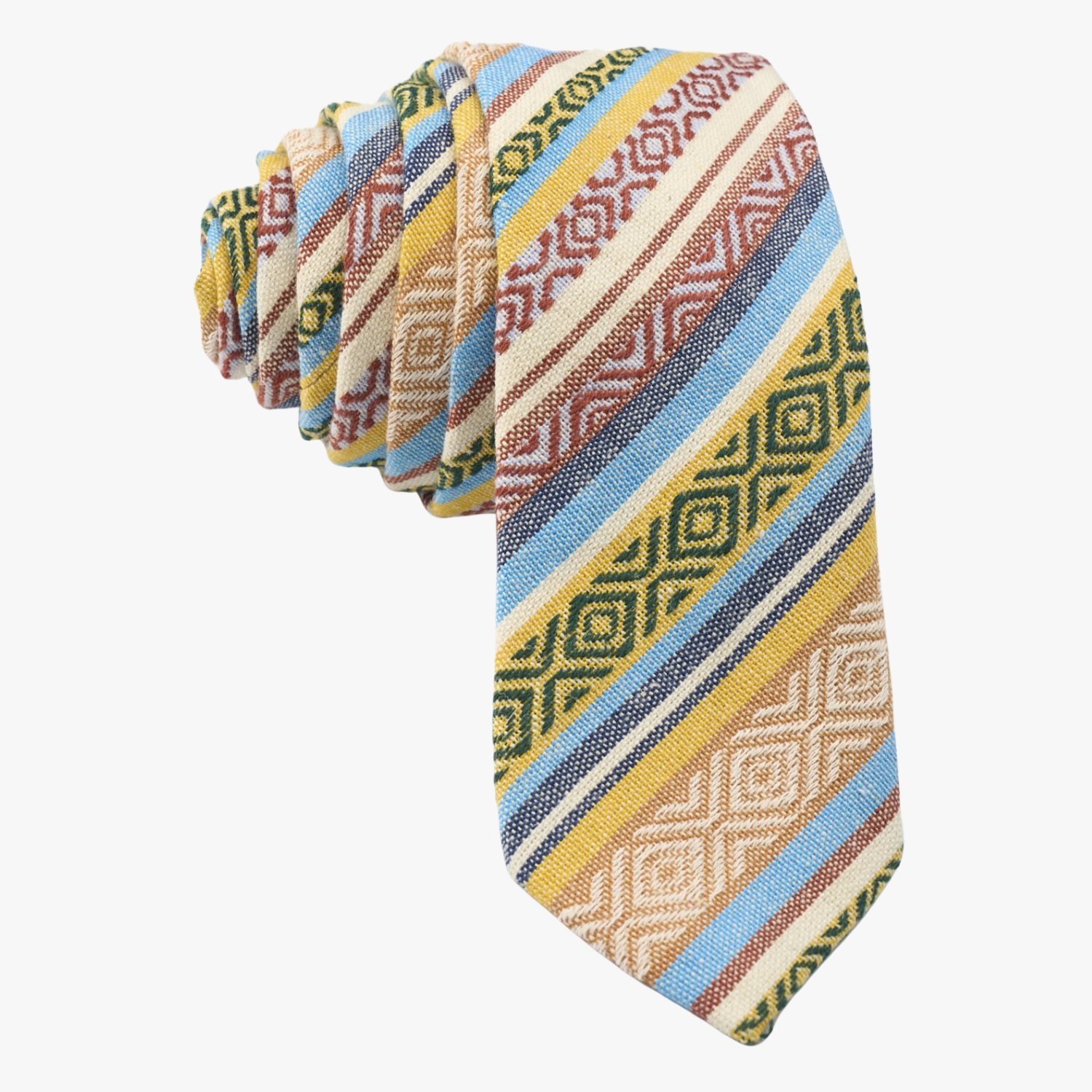 Adult mens striped tie with yellow stripe, blue lines, beige bars, American designs and Mexican fiesta Latin America style.