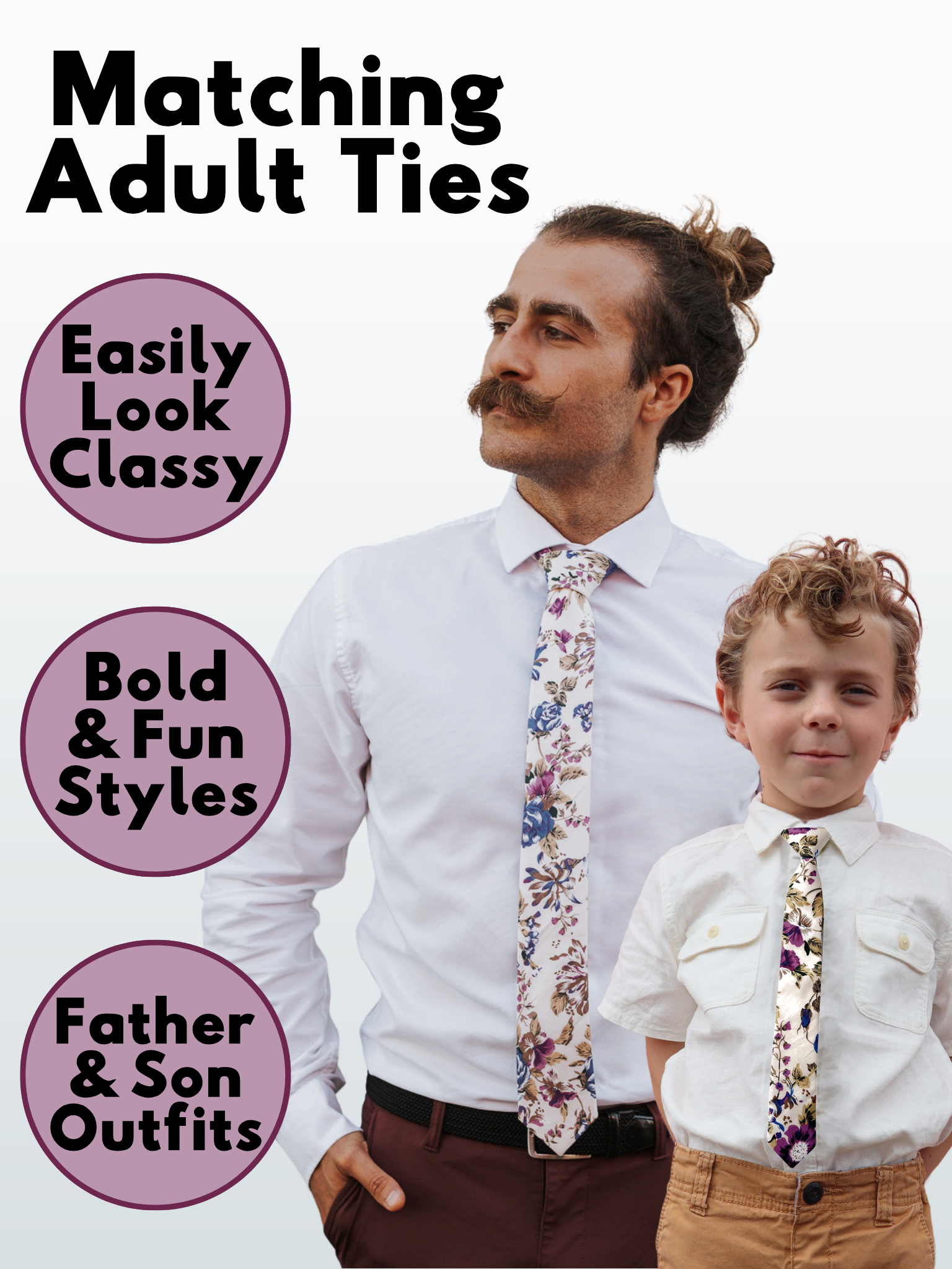 A man and a child in matching beige, blue, and purple floral ties available in 5 sizes for the whole family.