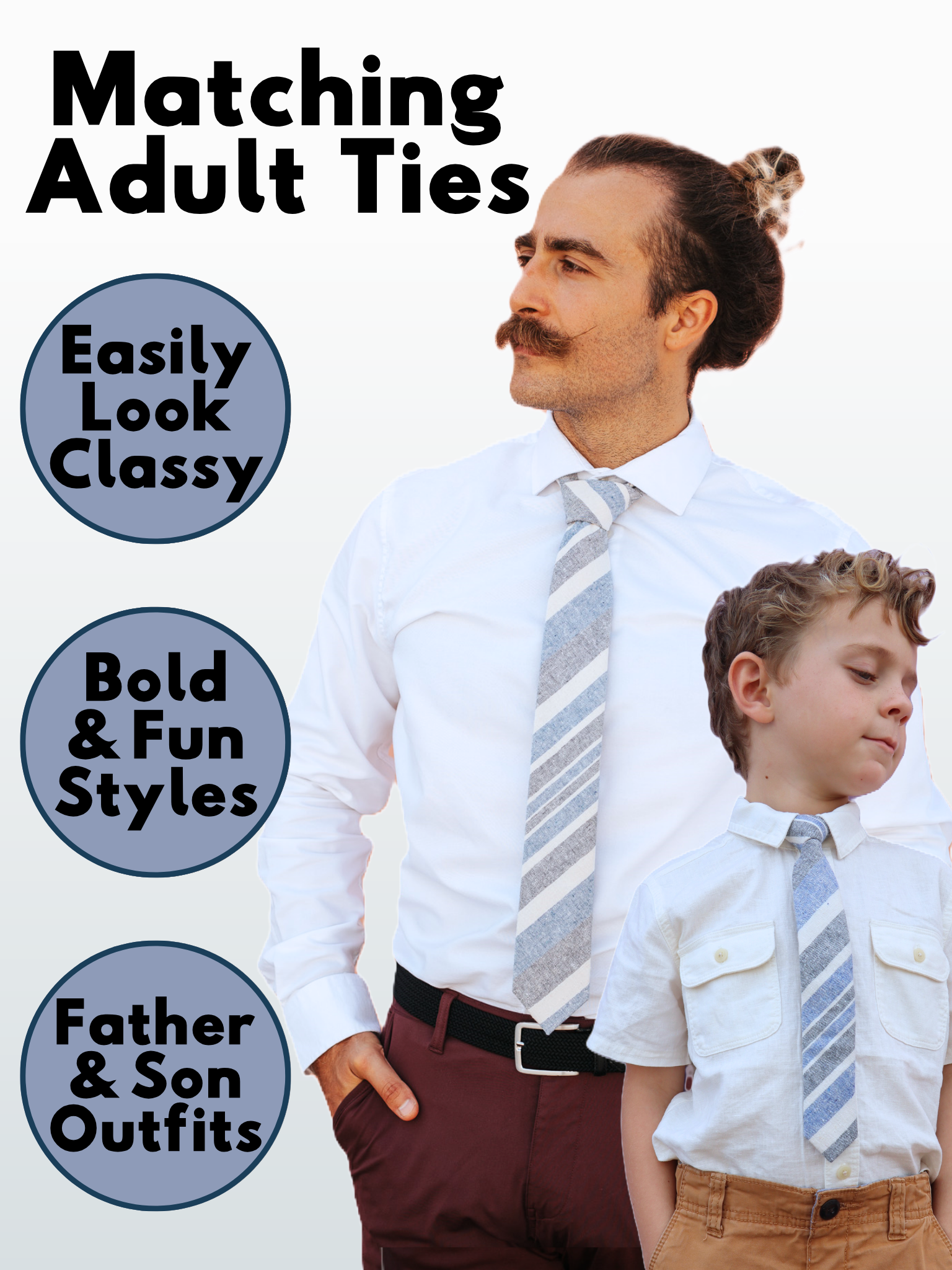 An image showing a man and a child in matching gray, green, and red striped ties available in 5 sizes for the whole family.