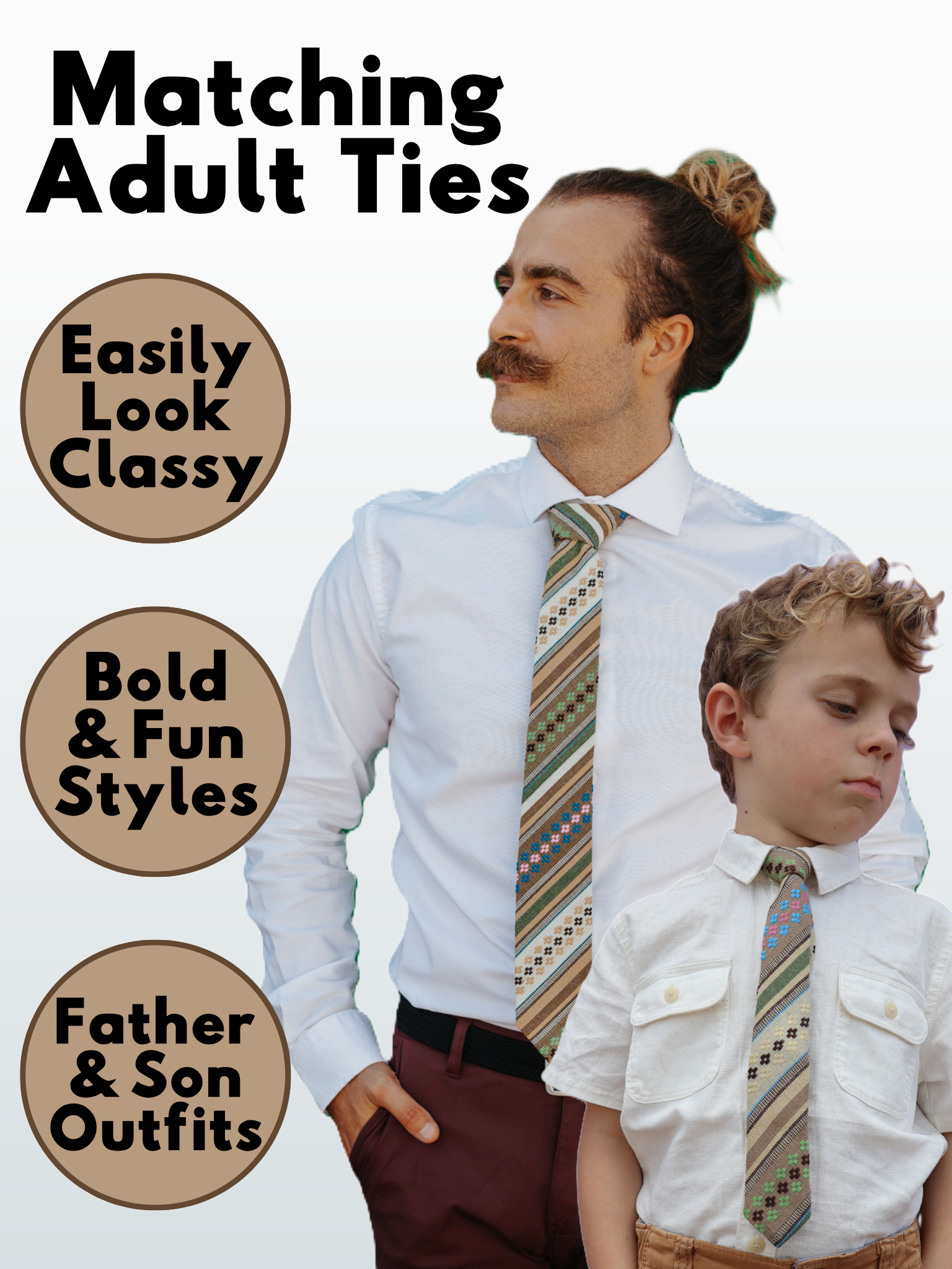 An image showing a man and a child in matching green, tan, and brown striped ties available in 5 sizes for the whole family.