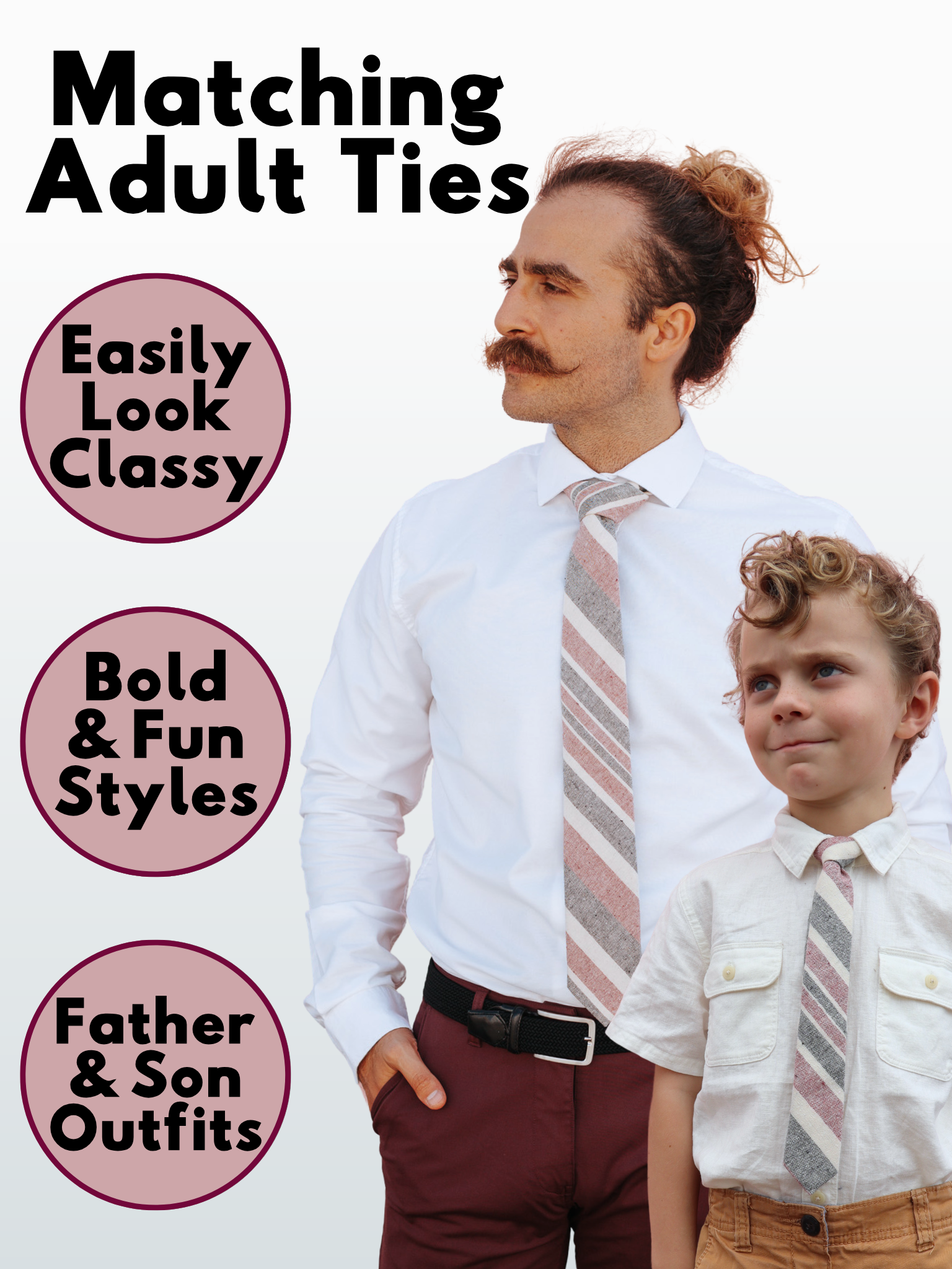 An image showing a man and a child in matching red, gray, and beige striped ties available in 5 sizes for the whole family.