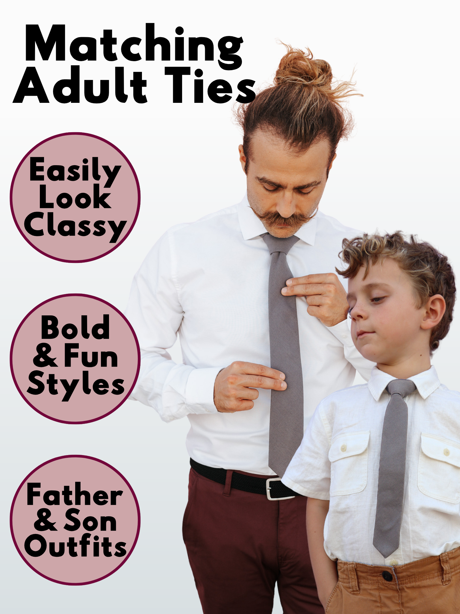 An image showing a man and a child in matching dark gray/grey solid colored ties available in 5 sizes for the whole family.