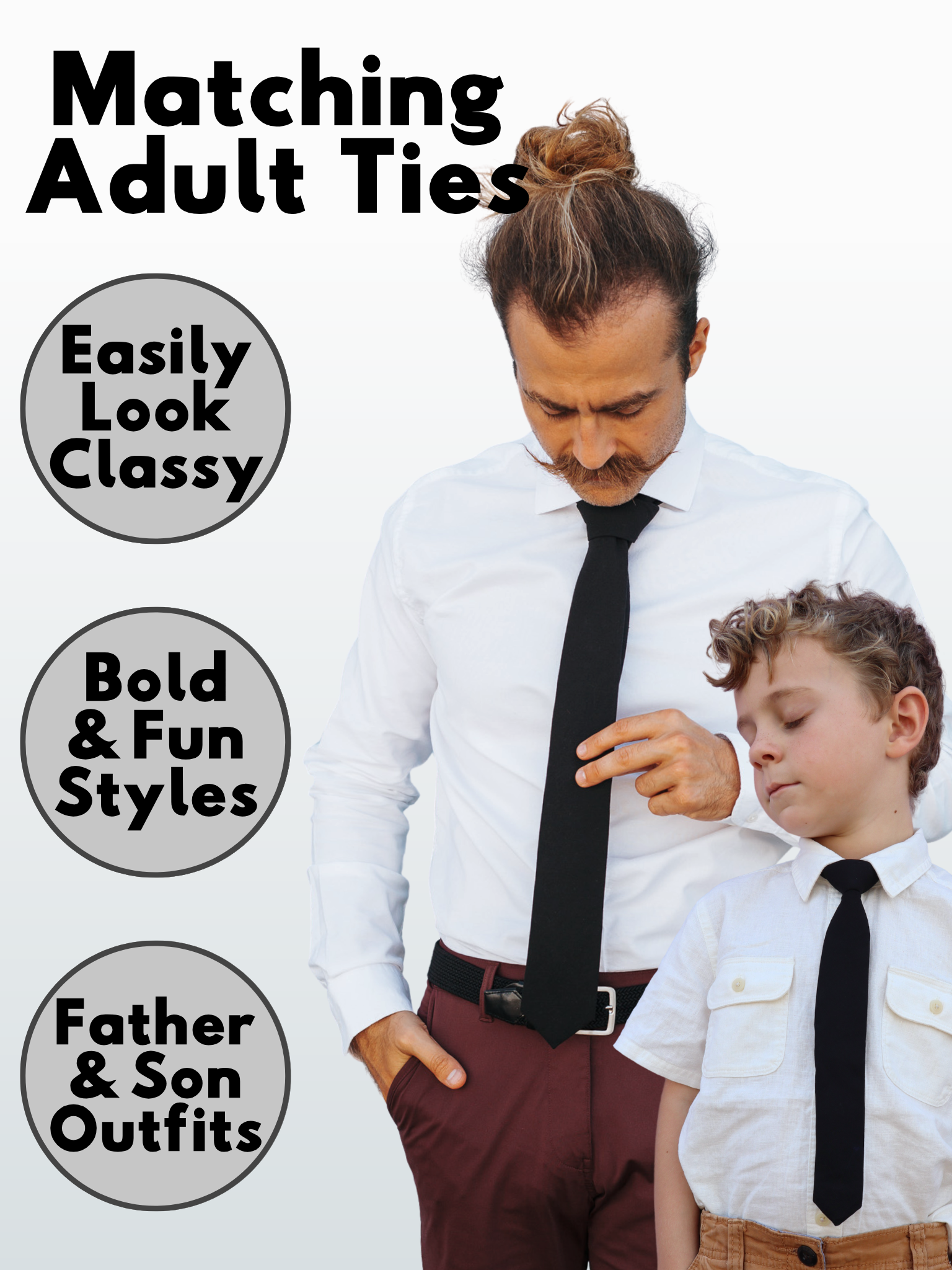 An image showing a man and a child in matching pitch black solid colored ties available in 5 sizes for the whole family.
