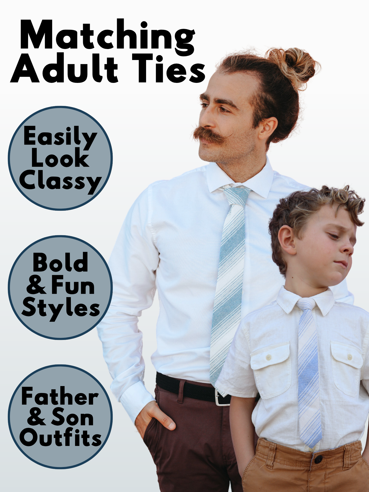 An image showing a man and a child in matching light blue and beige striped ties available in 5 sizes for the whole family.