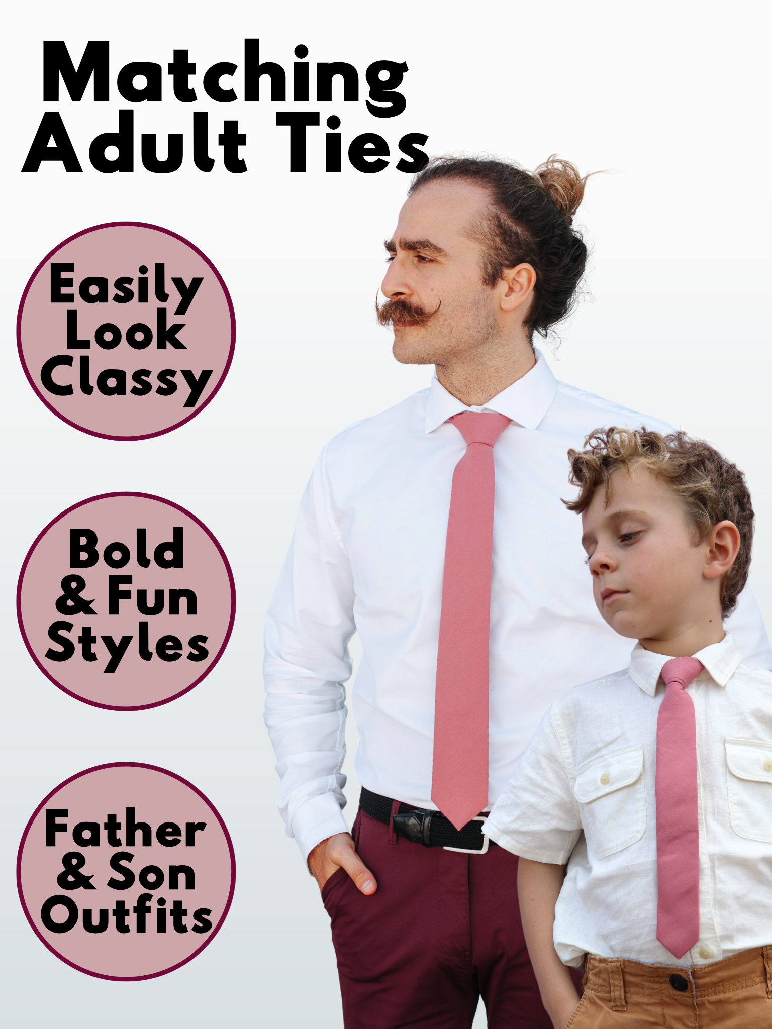 A man and a child in matching rose-gold, dusty pink solid colored ties available in 5 sizes for the whole family.