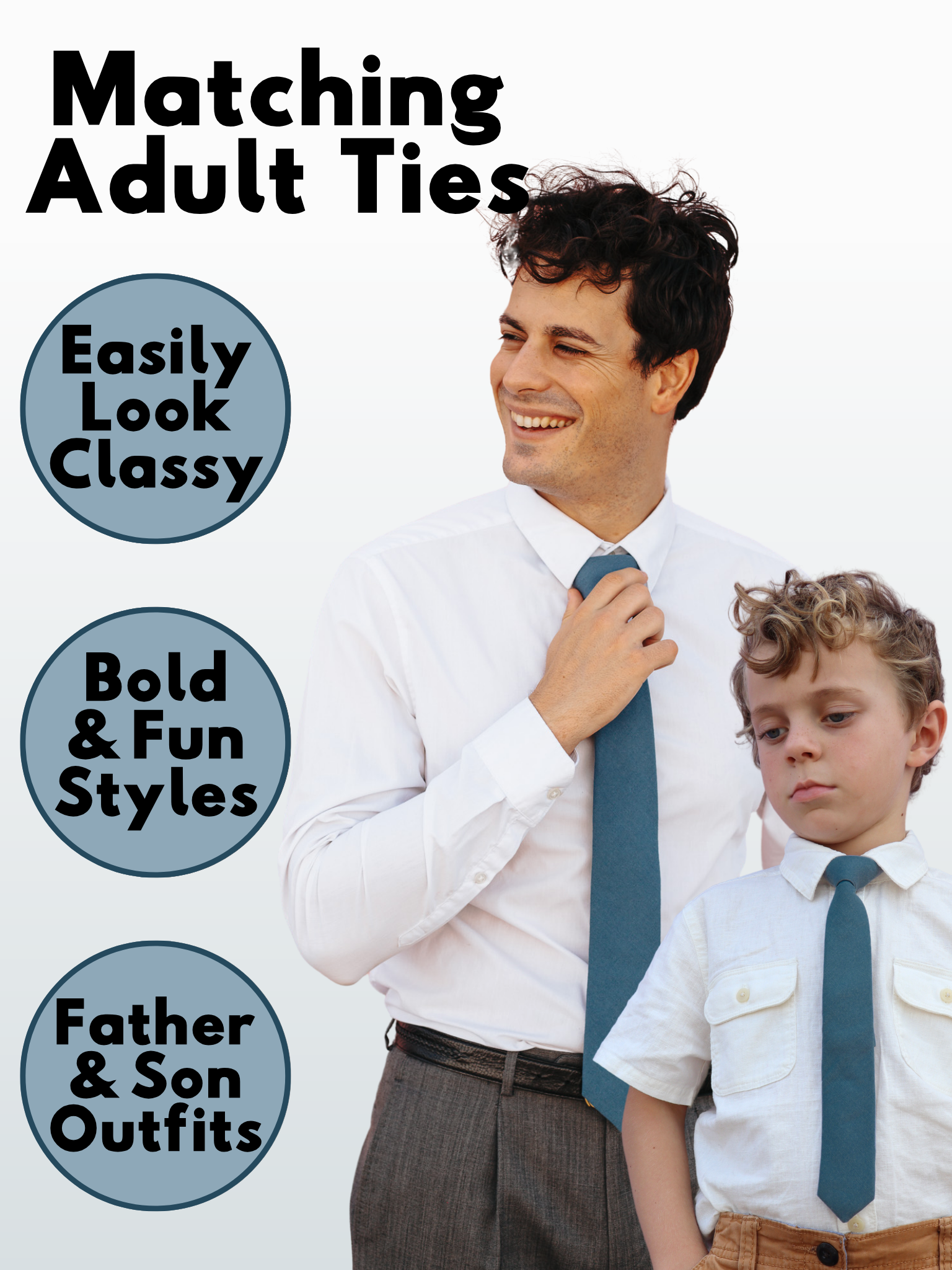 An image showing a man and child in matching deep cobalt blue solid colored ties available in 5 sizes for the whole family.