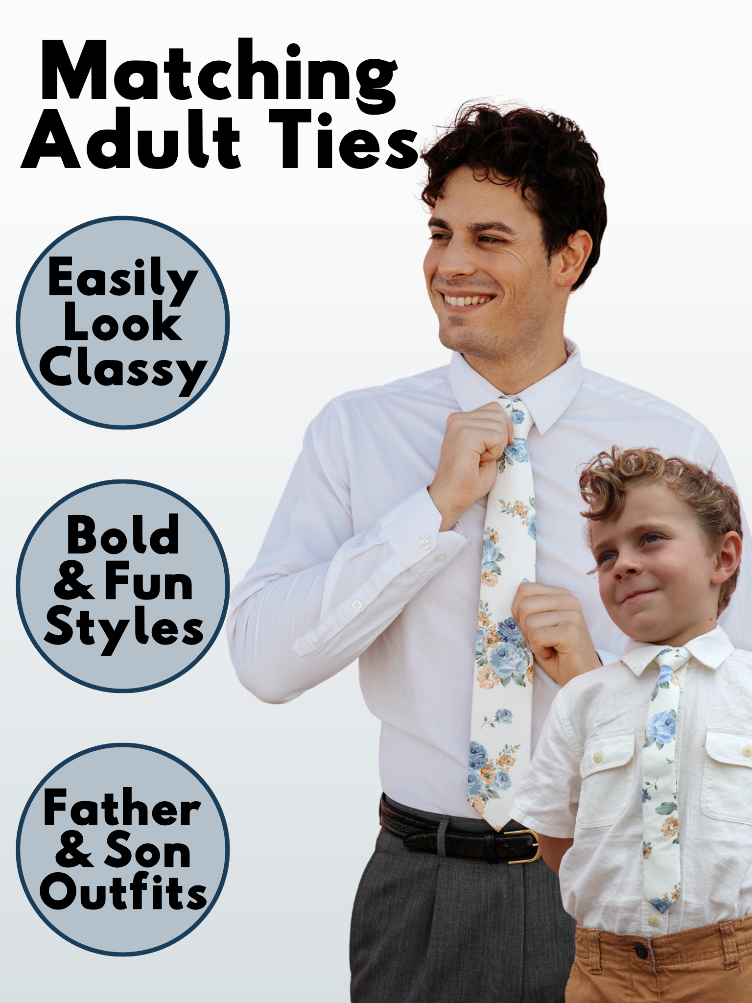 An image showing a man and a child in matching beige and blue floral ties available in 5 sizes for the whole family.