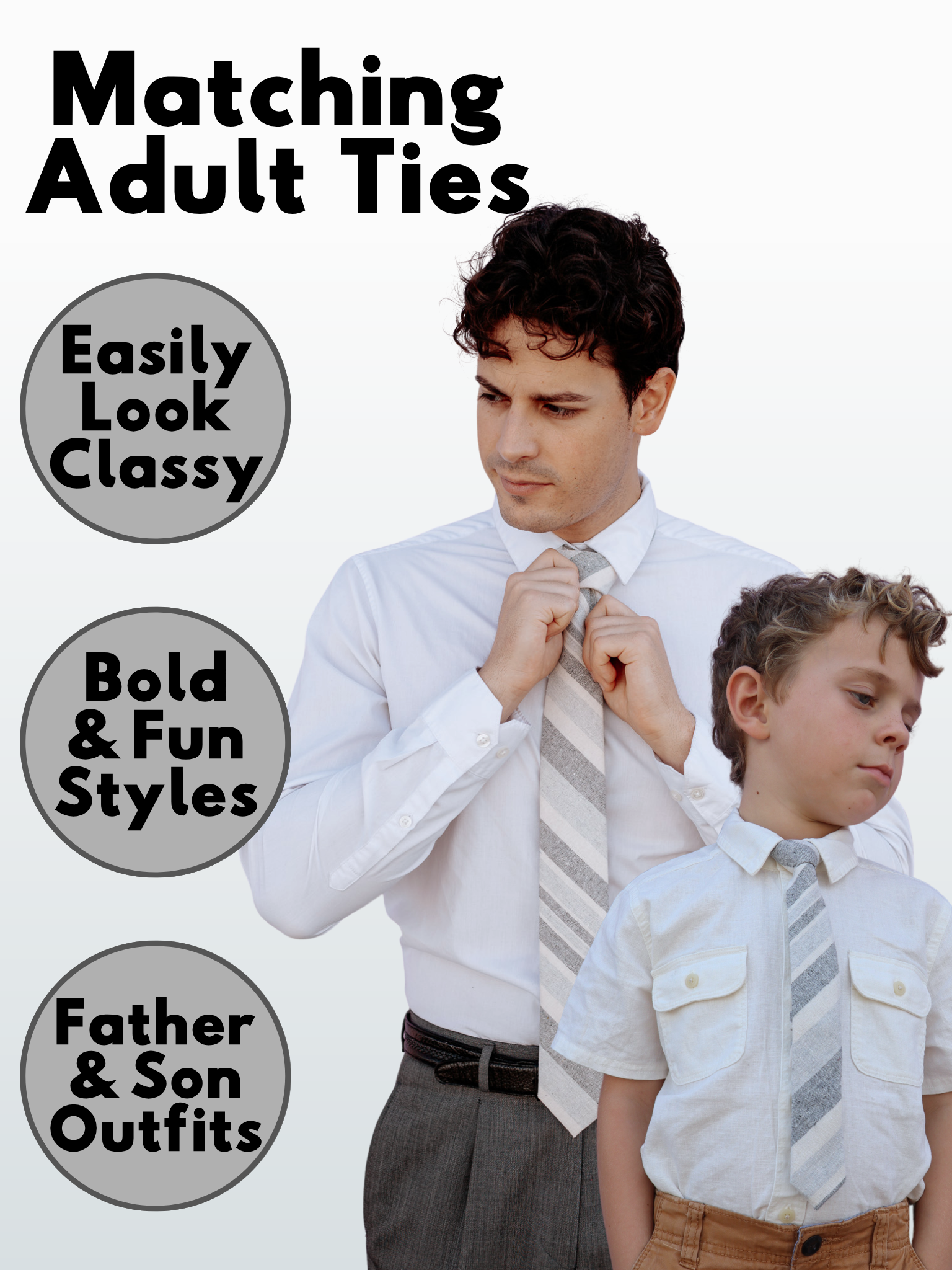 An image showing a man and a child in matching grey and cream striped ties available in 5 sizes for the whole family.