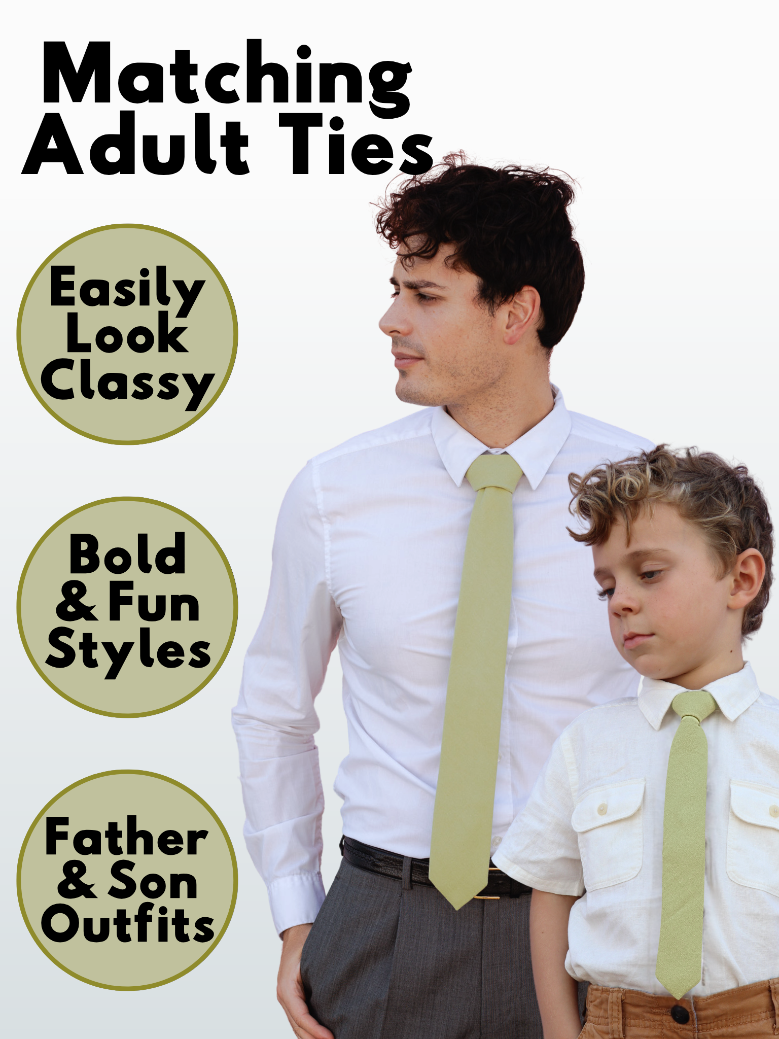 An image showing a man and child in matching light green solid colored ties available in 5 sizes for the whole family.