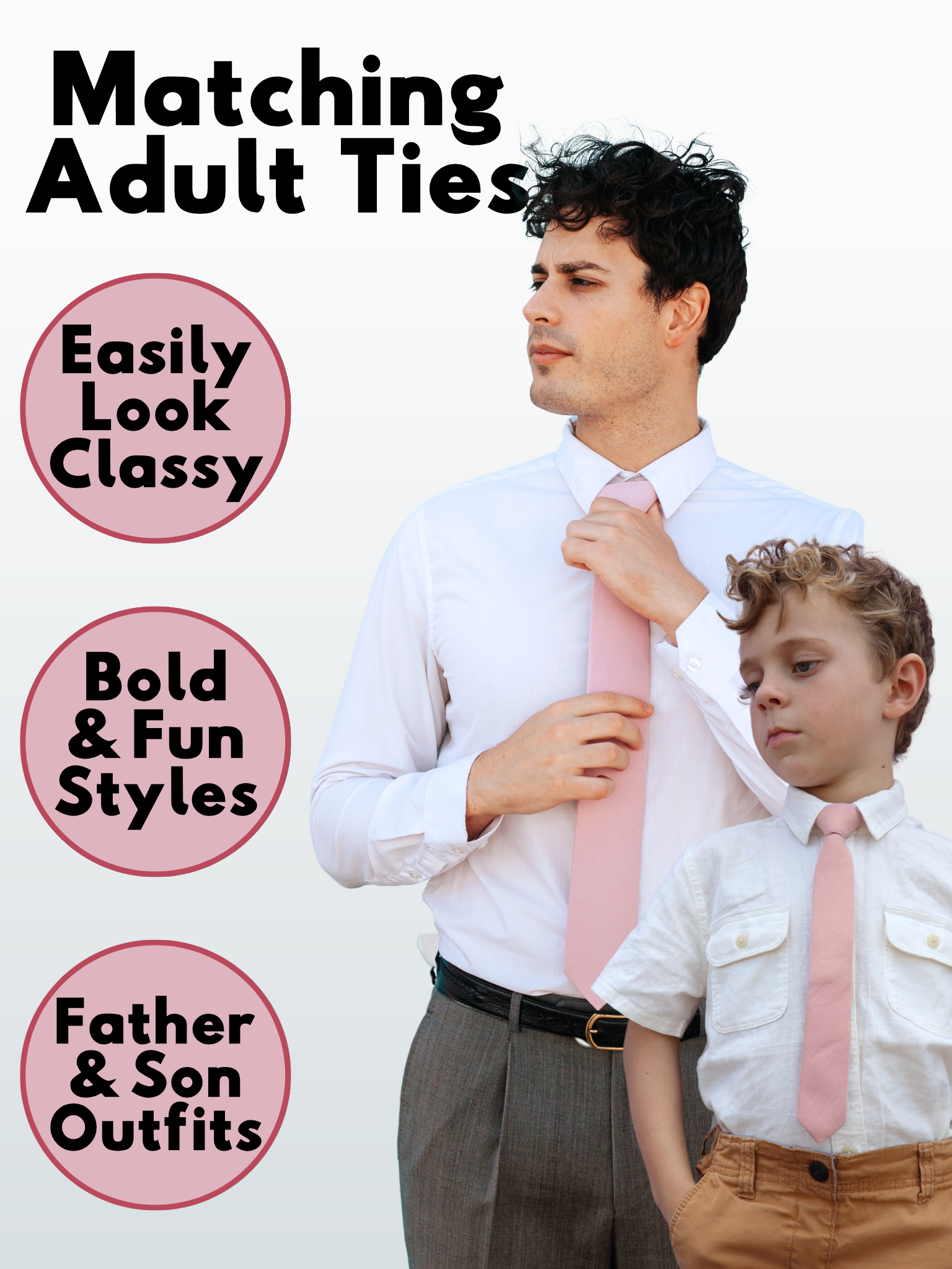A man and a child in matching  light rose, dusty pink solid colored ties available in 5 sizes for the whole family.