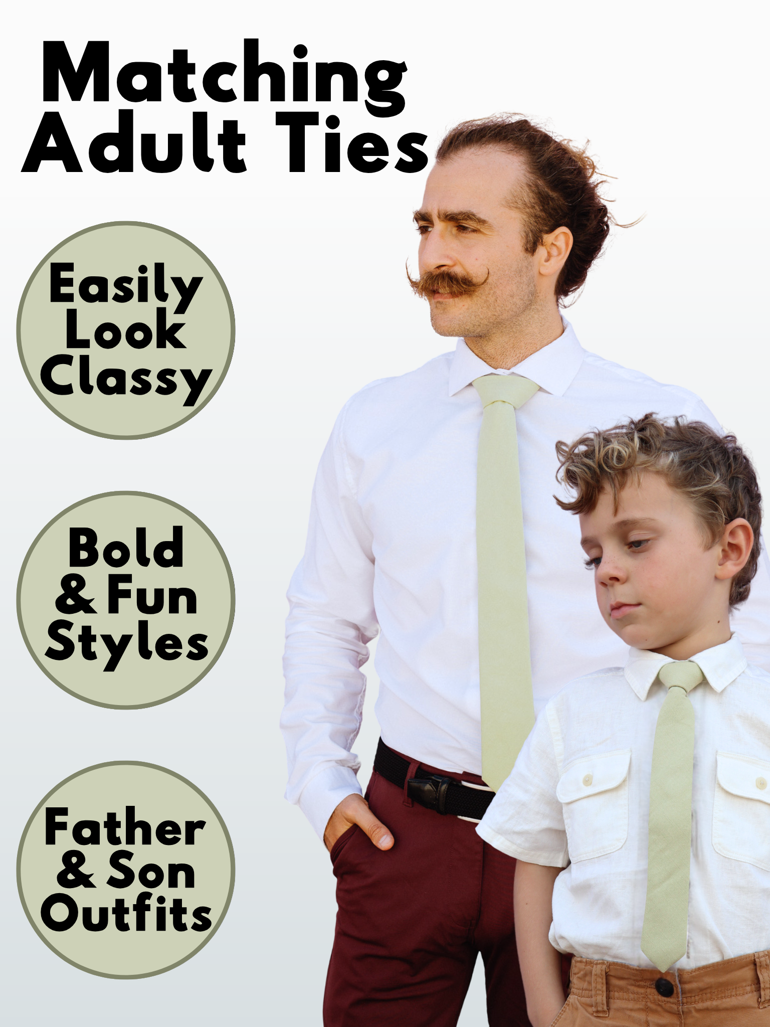 An image showing a man and a child in matching sage green solid colored ties available in 5 sizes for the whole family.