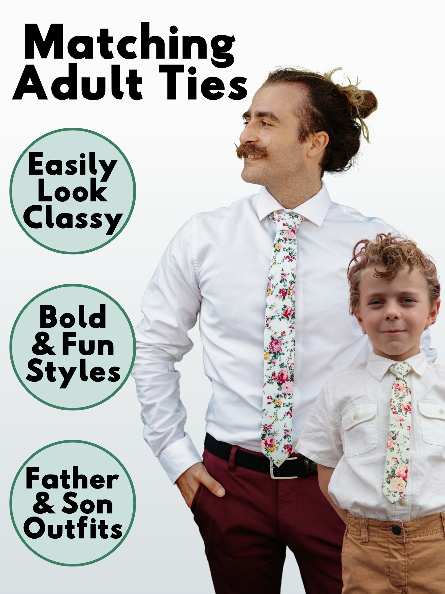 An image showing a man and a child in matching mint and pink floral ties available in 5 sizes for the whole family.