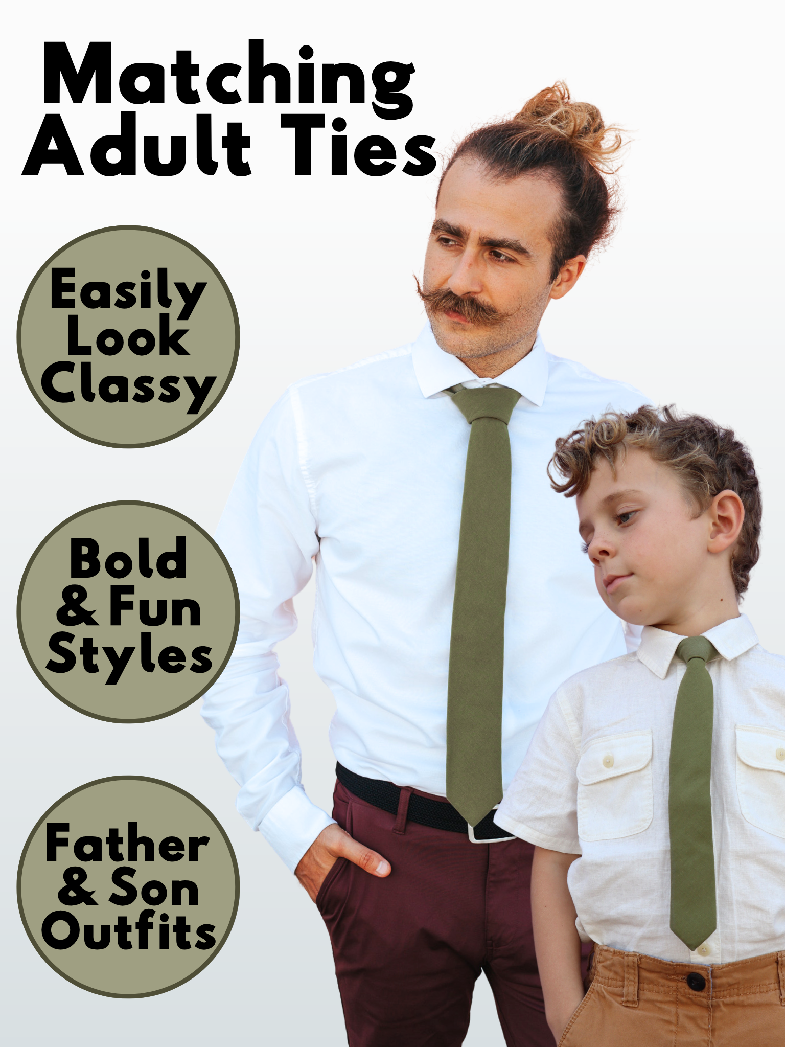 An image of a man and child in matching military moss green solid colored ties available in 5 sizes for the whole family.