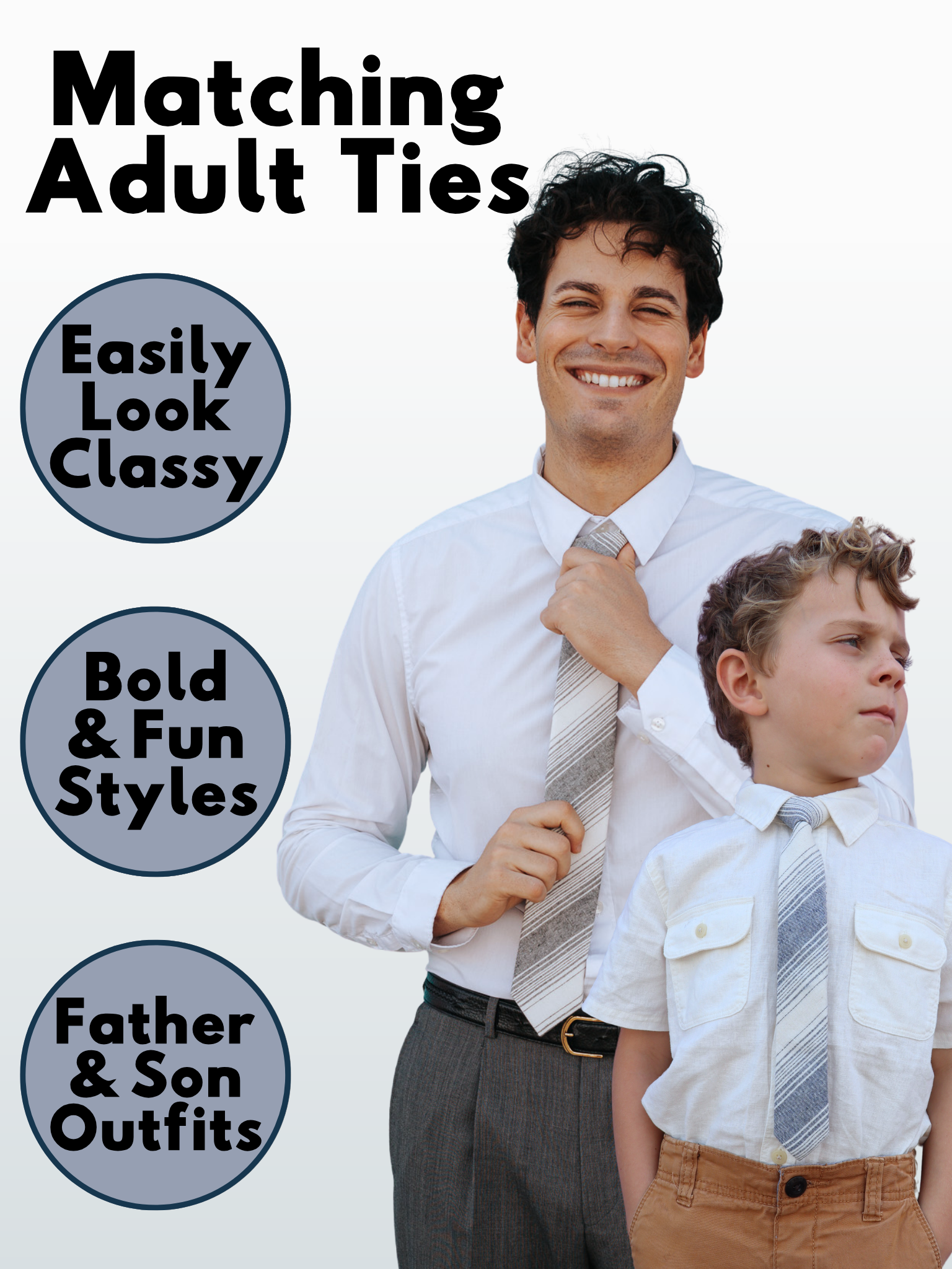An image showing a man and a child in matching navy blue and beigestriped ties available in 5 sizes for the whole family.