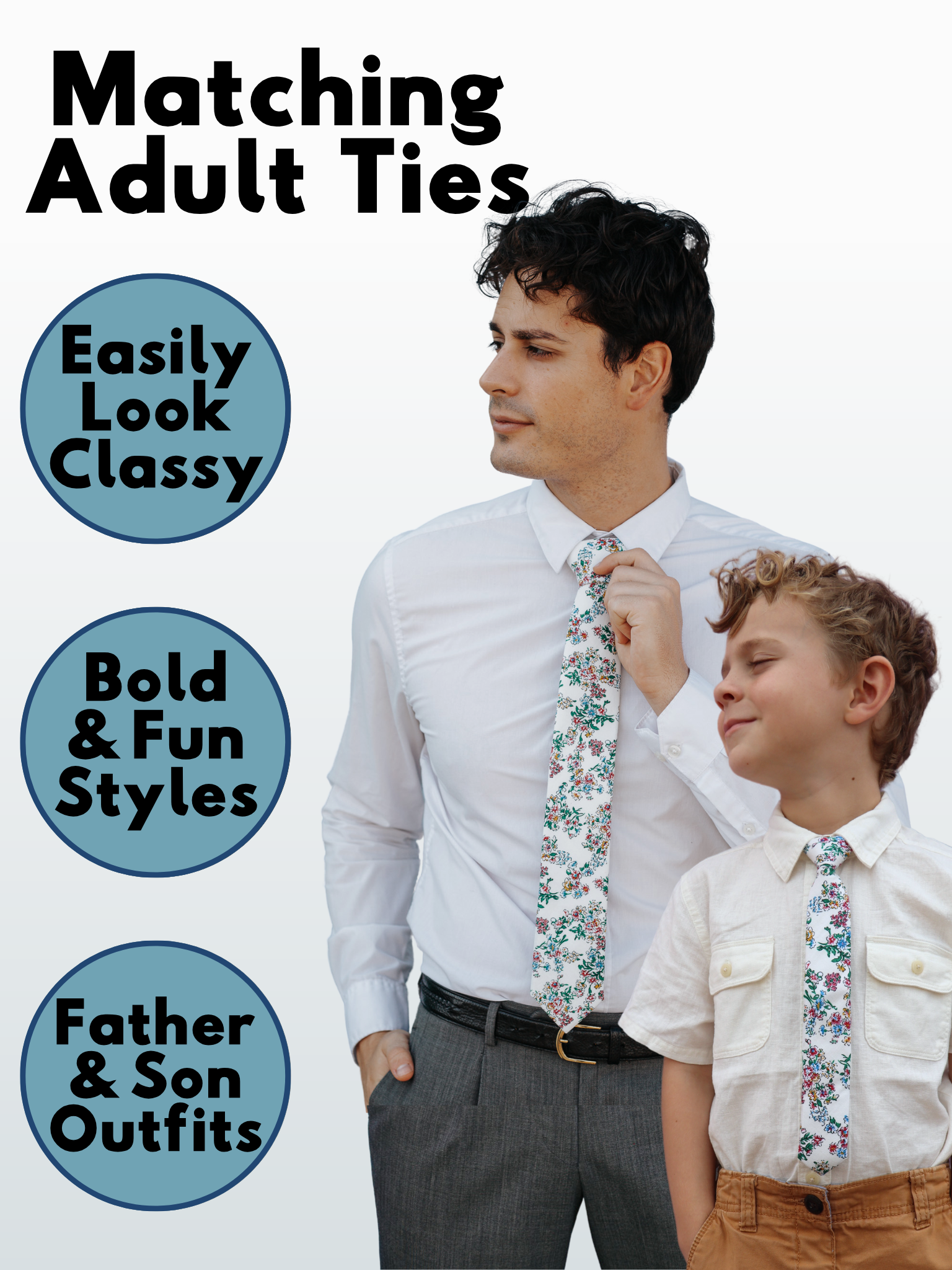 An image showing a man and a child in matching white and light blue, pink, and green floral ties available in 5 sizes for the whole family.