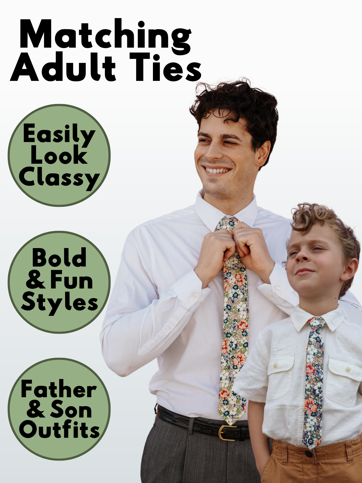 An image showing a man and a child in matching peach, white, and blue floral ties available in 5 sizes for the whole family.