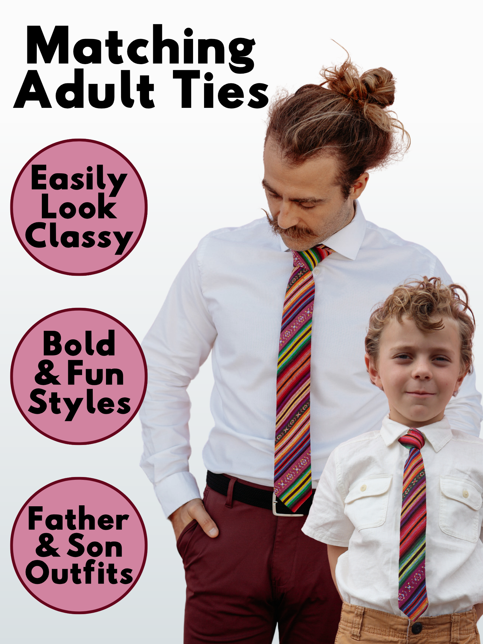 An image showing a man and a child in matching purple and green striped ties available in 5 sizes for the whole family.