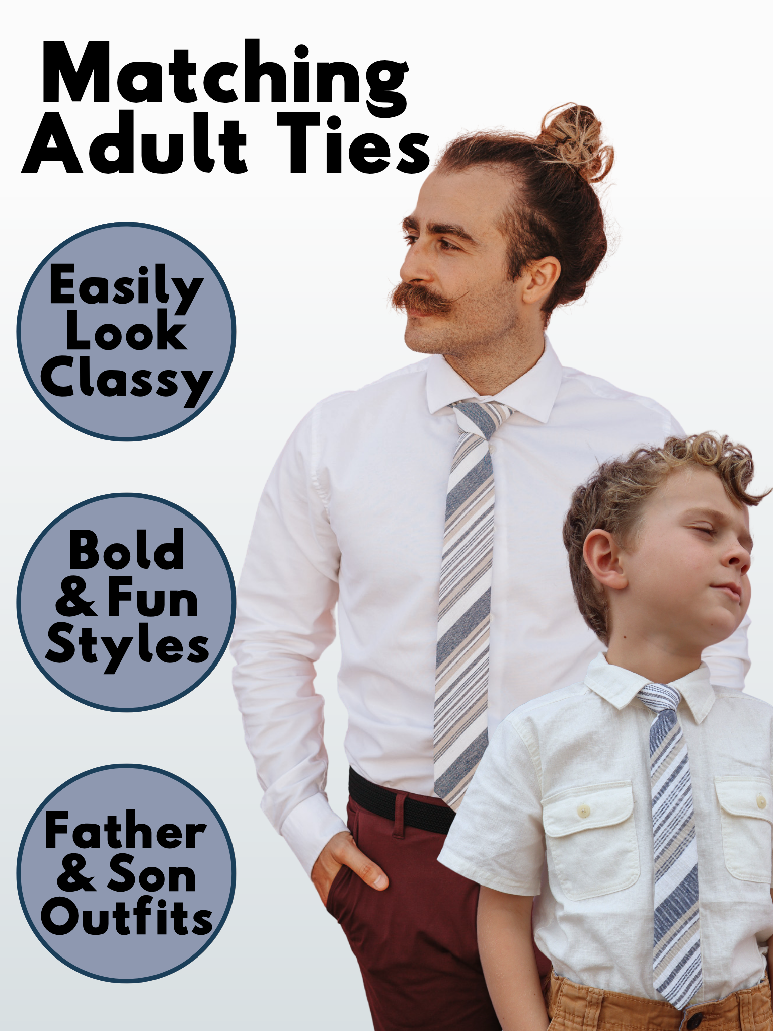 An image showing a man and a child in matching blue, white, and gold striped ties available in 5 sizes for the whole family.