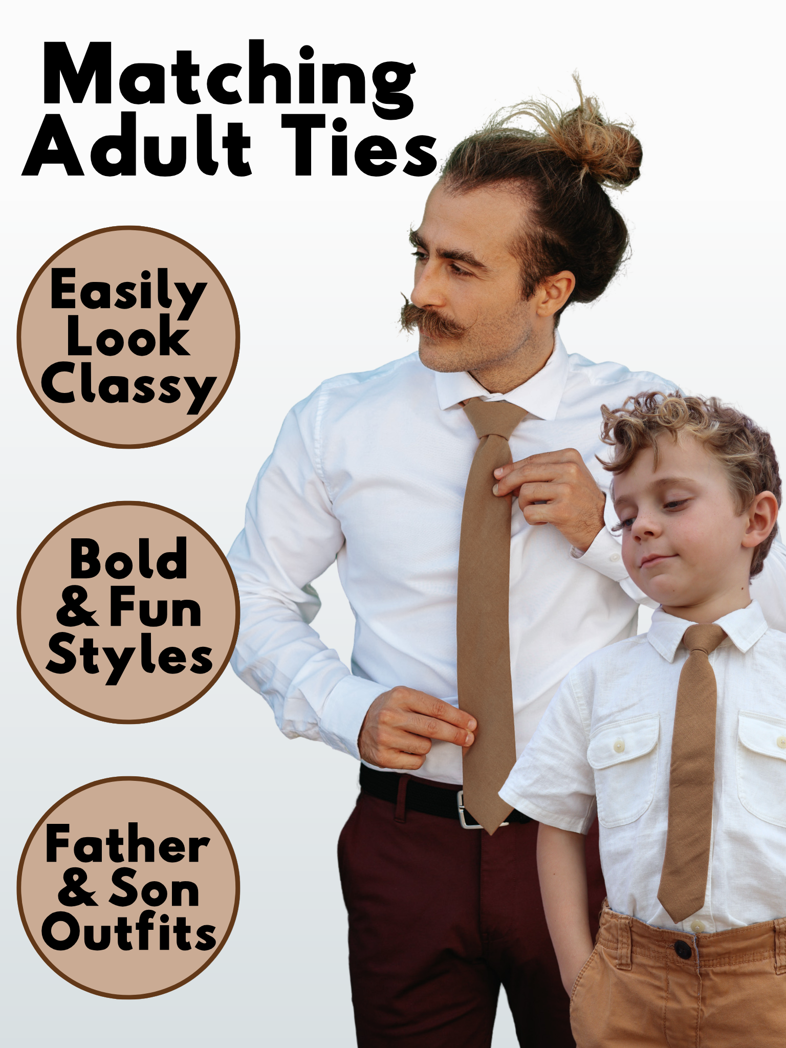 An image of a man and child in matching light taupe brown solid colored ties available in 5 sizes for the whole family.