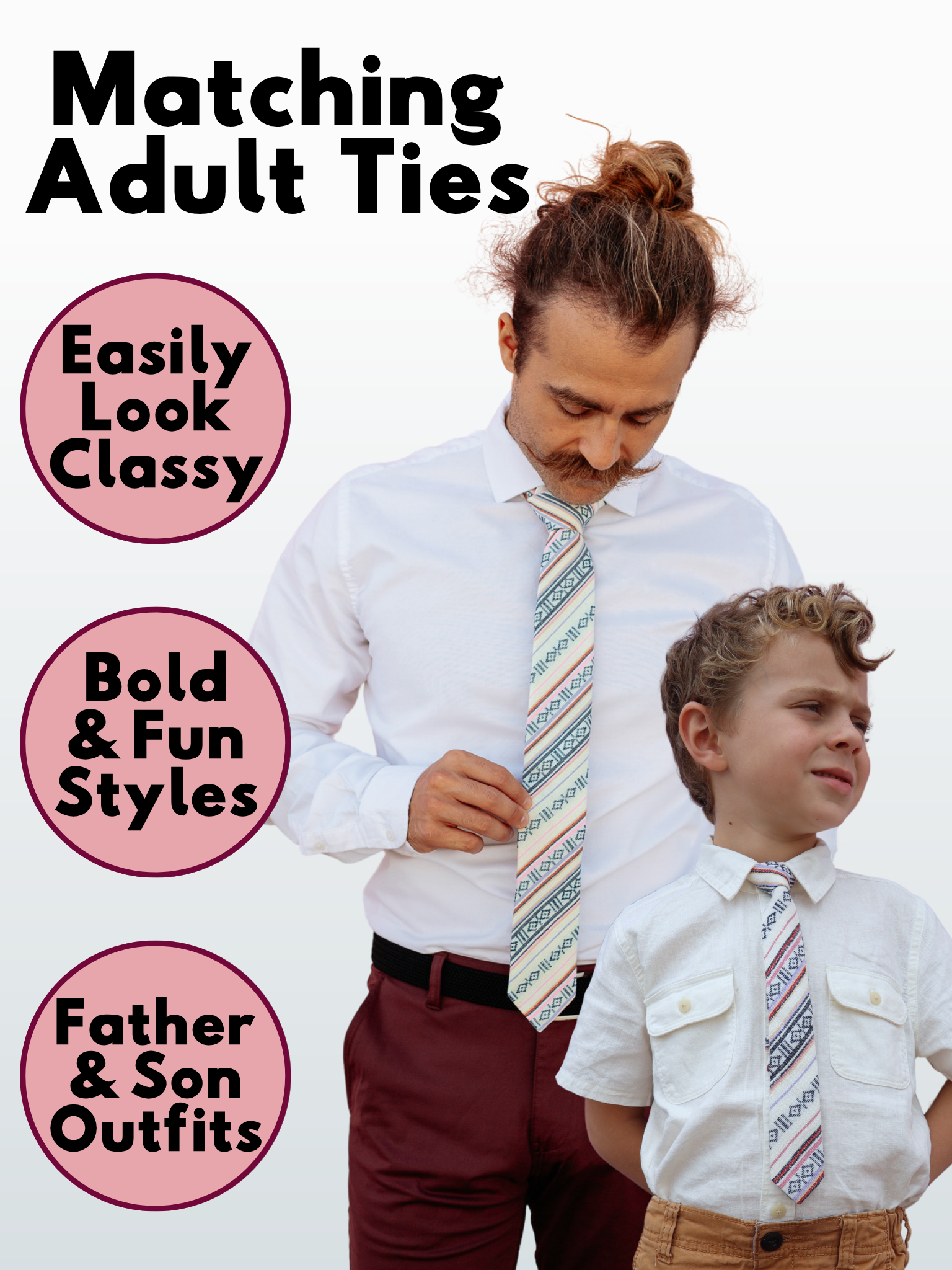 An image showing a man and a child in matching white, red and black striped ties available in 5 sizes for the whole family.