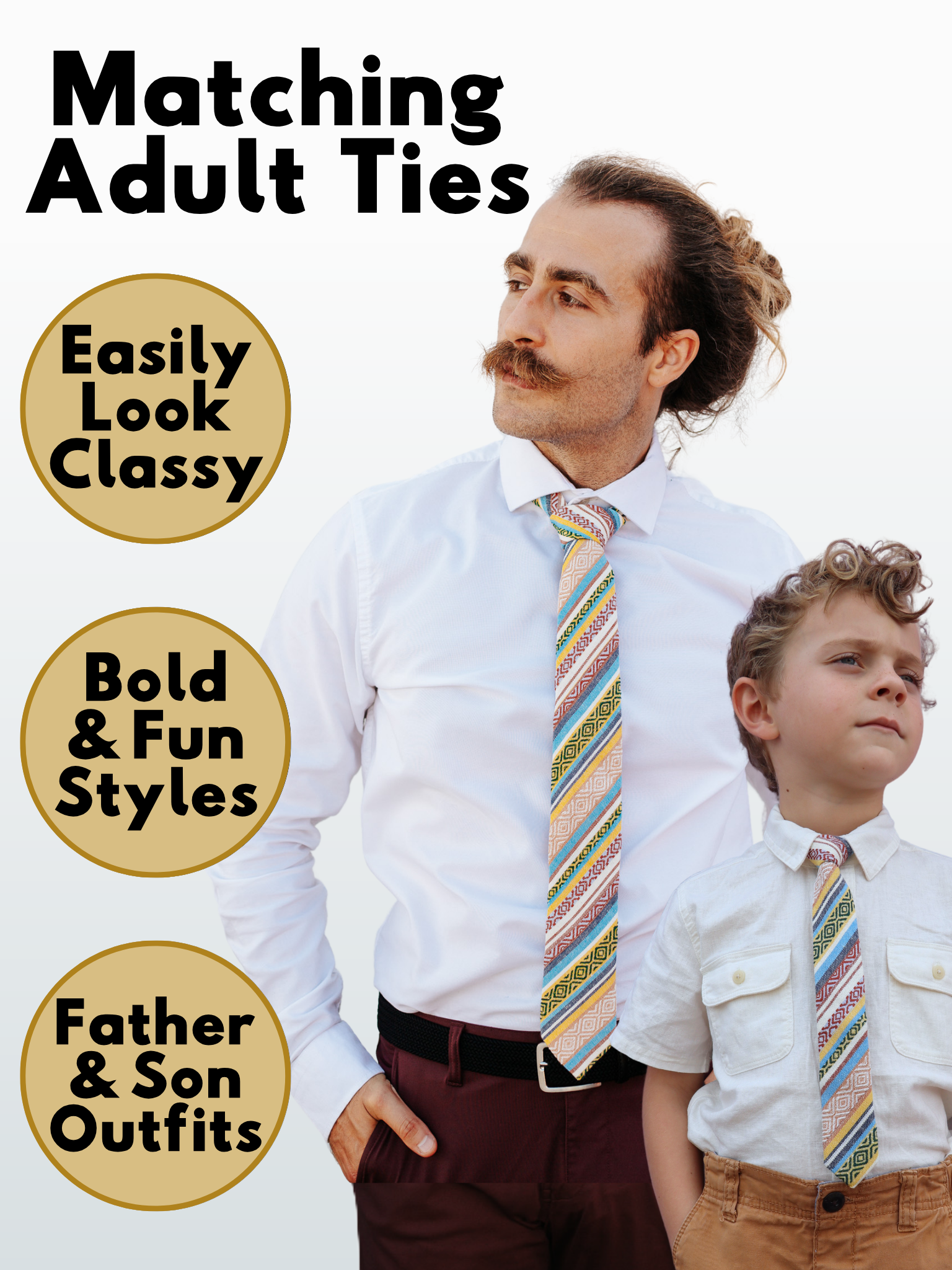 An image showing a man and a child in matching yellow and blue striped ties available in 5 sizes for the whole family.