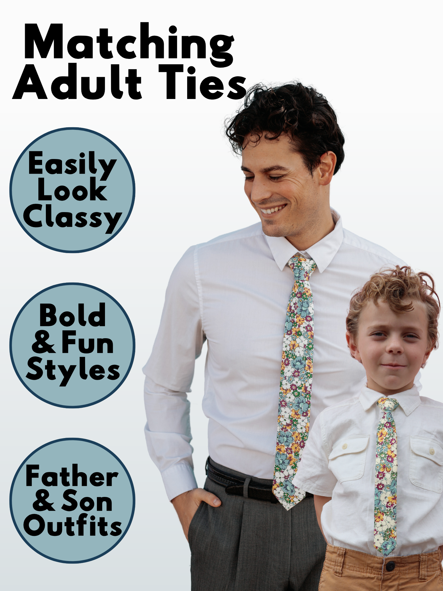 A man and a child in matching white, purple, and blue floral ties available in 5 sizes for the whole family.