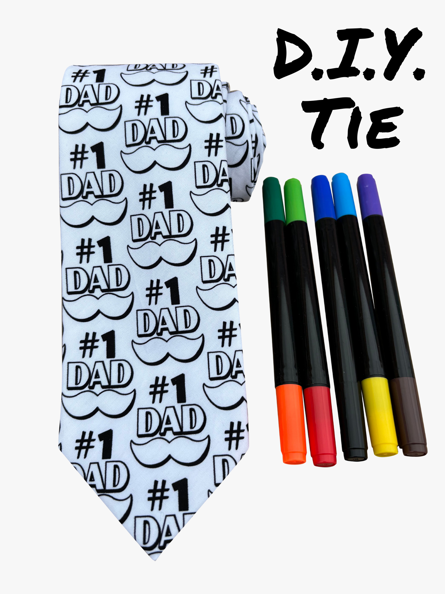 Adult mens number 1 Dad design DIY necktie with markers for creative fathers day, Christmas, and birthday gifts for dads.