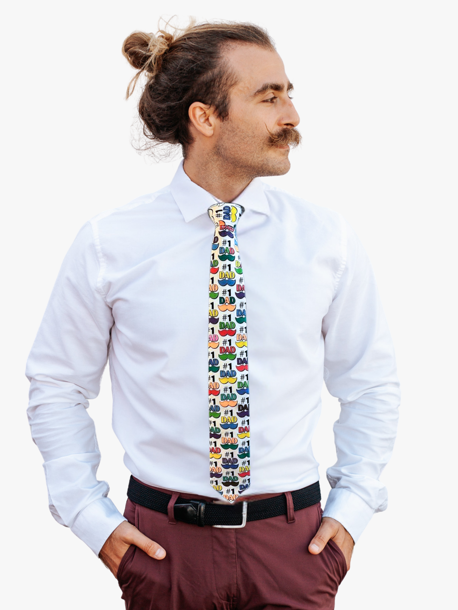 A man wearing a white custom hand drawn necktie featuring mustaches and number one dad imagry colored by children.