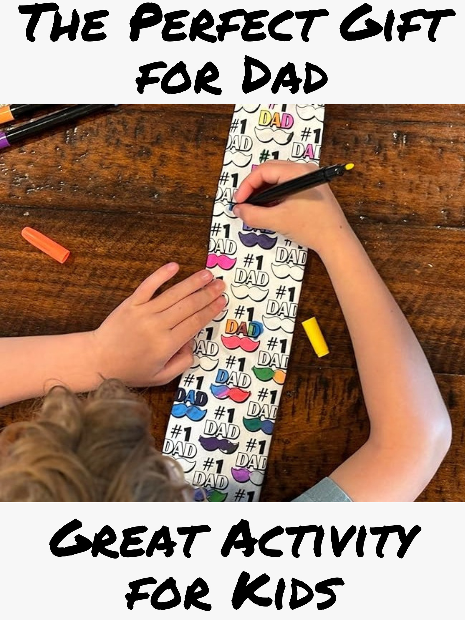 An image of a young boy coloring with a green marker on a printed customizable craft necktie for fathers.