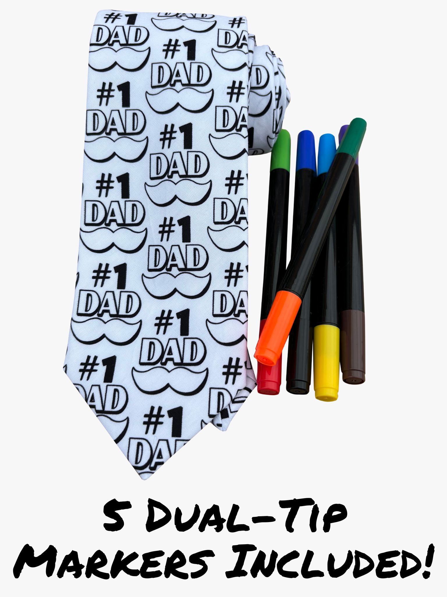 An image of a white DIY tie that says "number one dad" that includes 5 dual-tipped fabric markers for children.