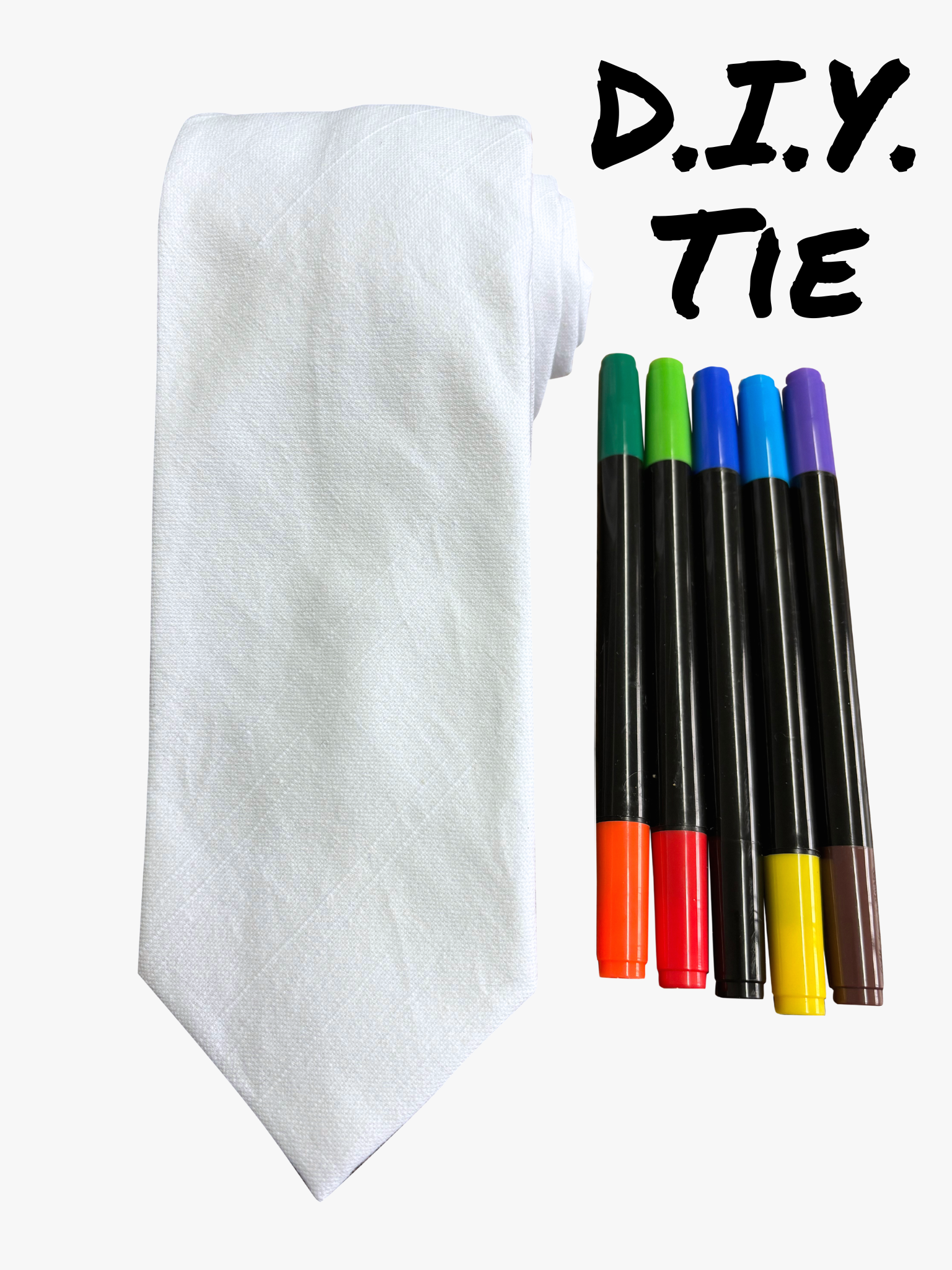 Adult mens blank DIY necktie with markers for creative fathers day, Christmas, and birthday gifts for dads.