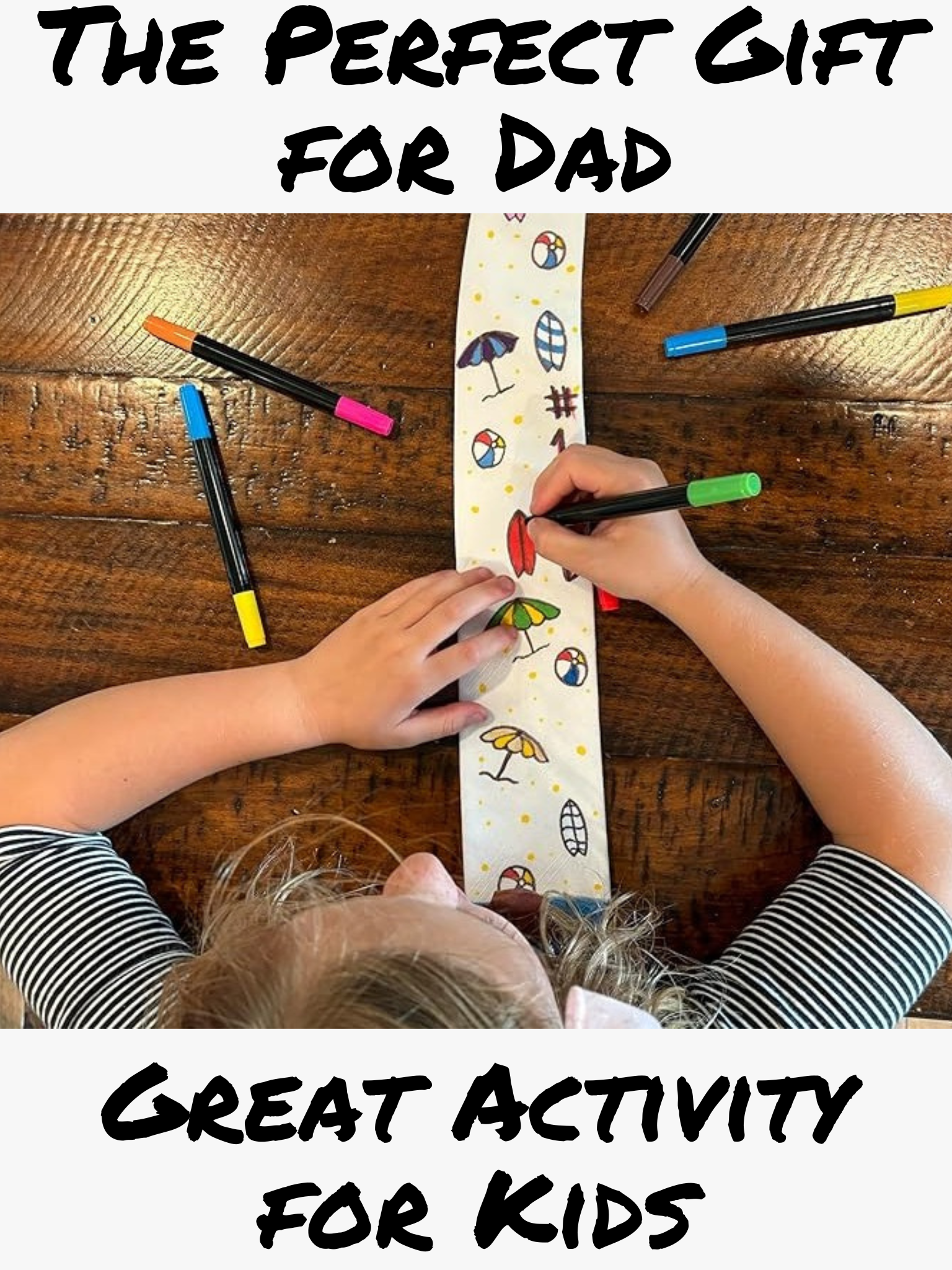 An image of a young girl coloring with a red marker on a blank customizable craft necktie for fathers.