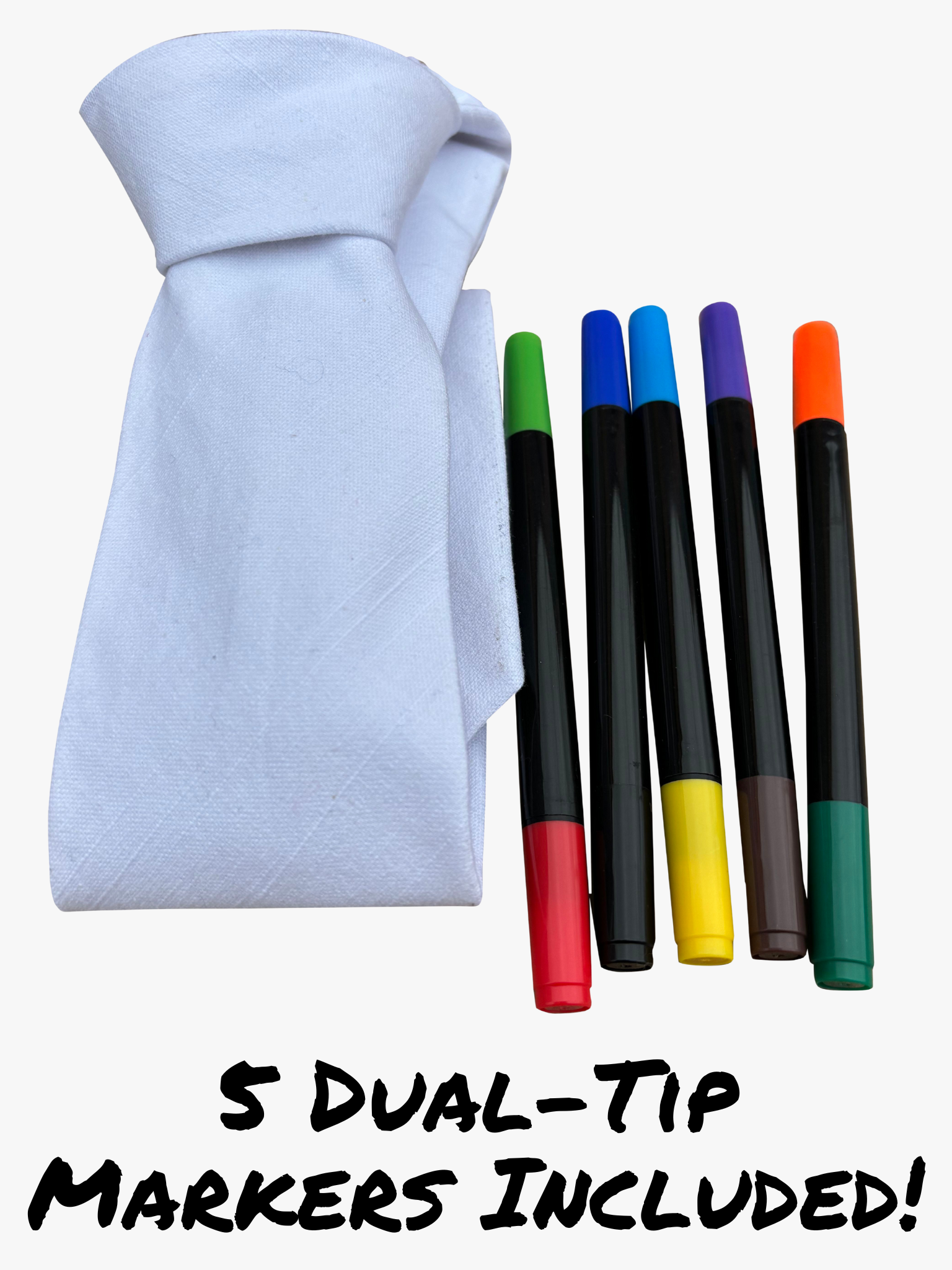 An image of a white DIY tie for fathers that comes with 5 dual-tipped fabric markers for children.