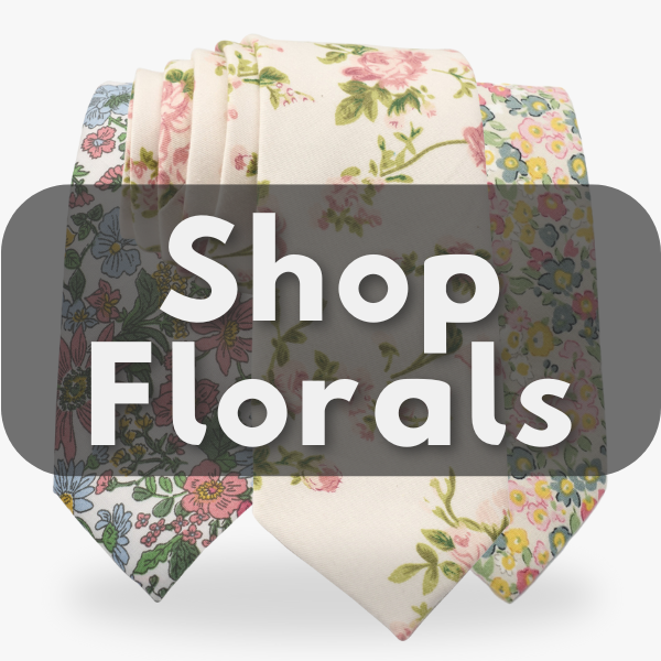 A button with 3 floral ties on it directing people to our various floral wedding neckties.