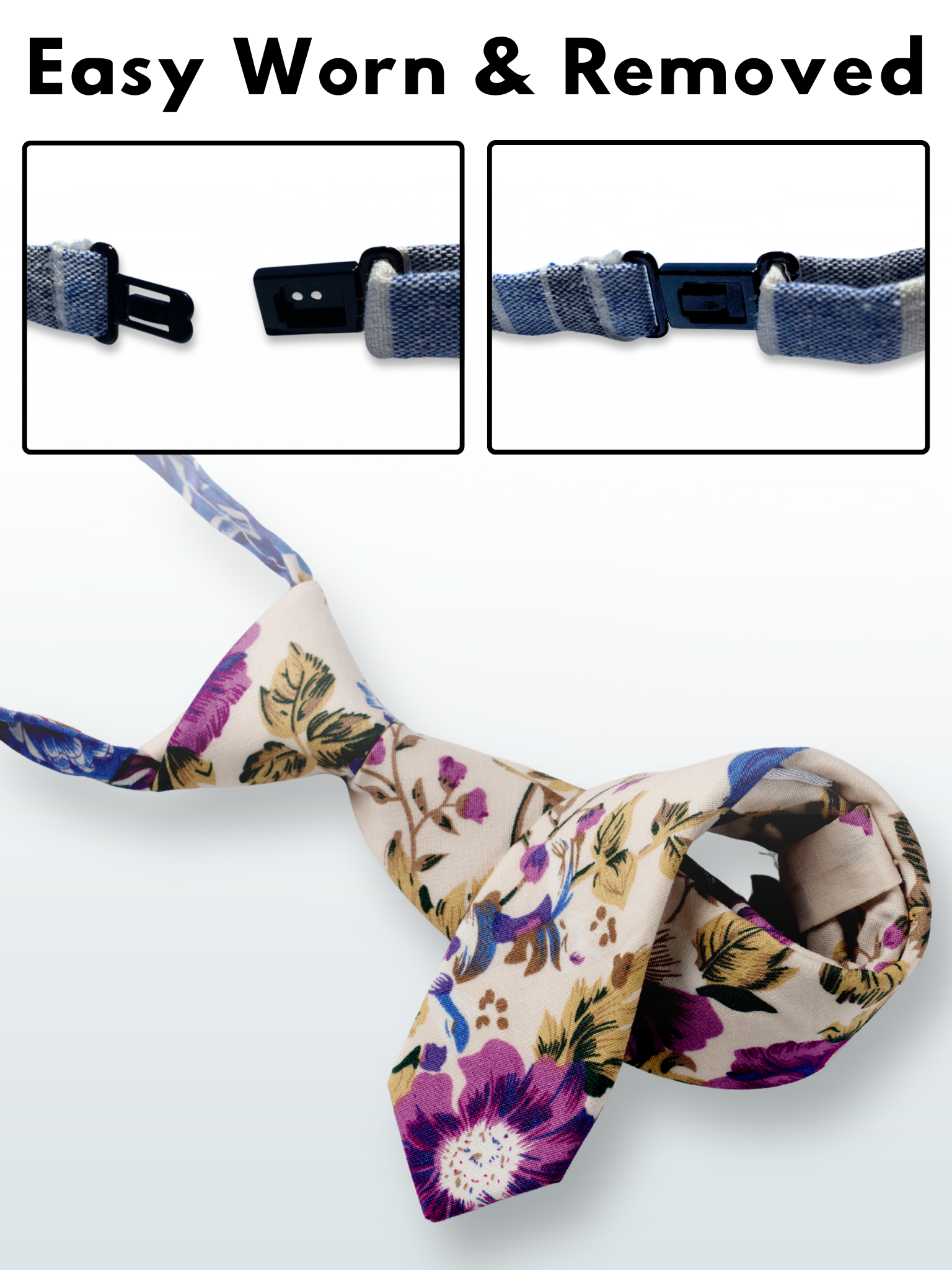 A folded cotton floral necktie for boys with purple flowers, blue petals, brown accents and fall leaves.