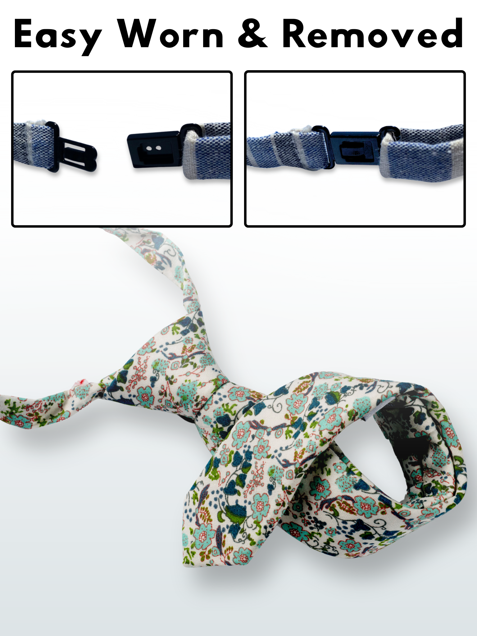 A folded cotton floral necktie for boys with dusty blue flowers, pink accents, turquoise blossoms and bluish leaves.