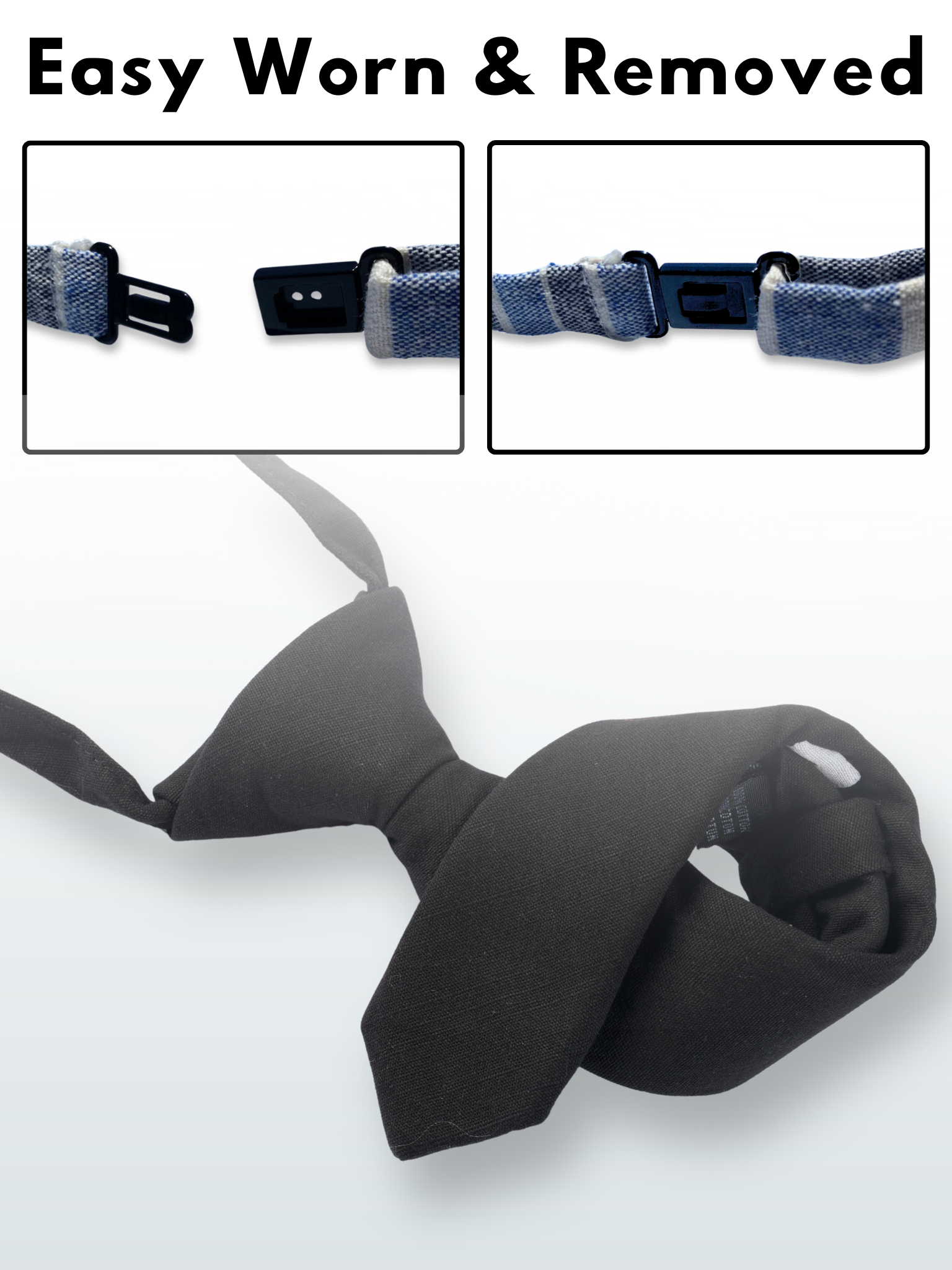 A folded cotton solid necktie for boys with a pitch black color.