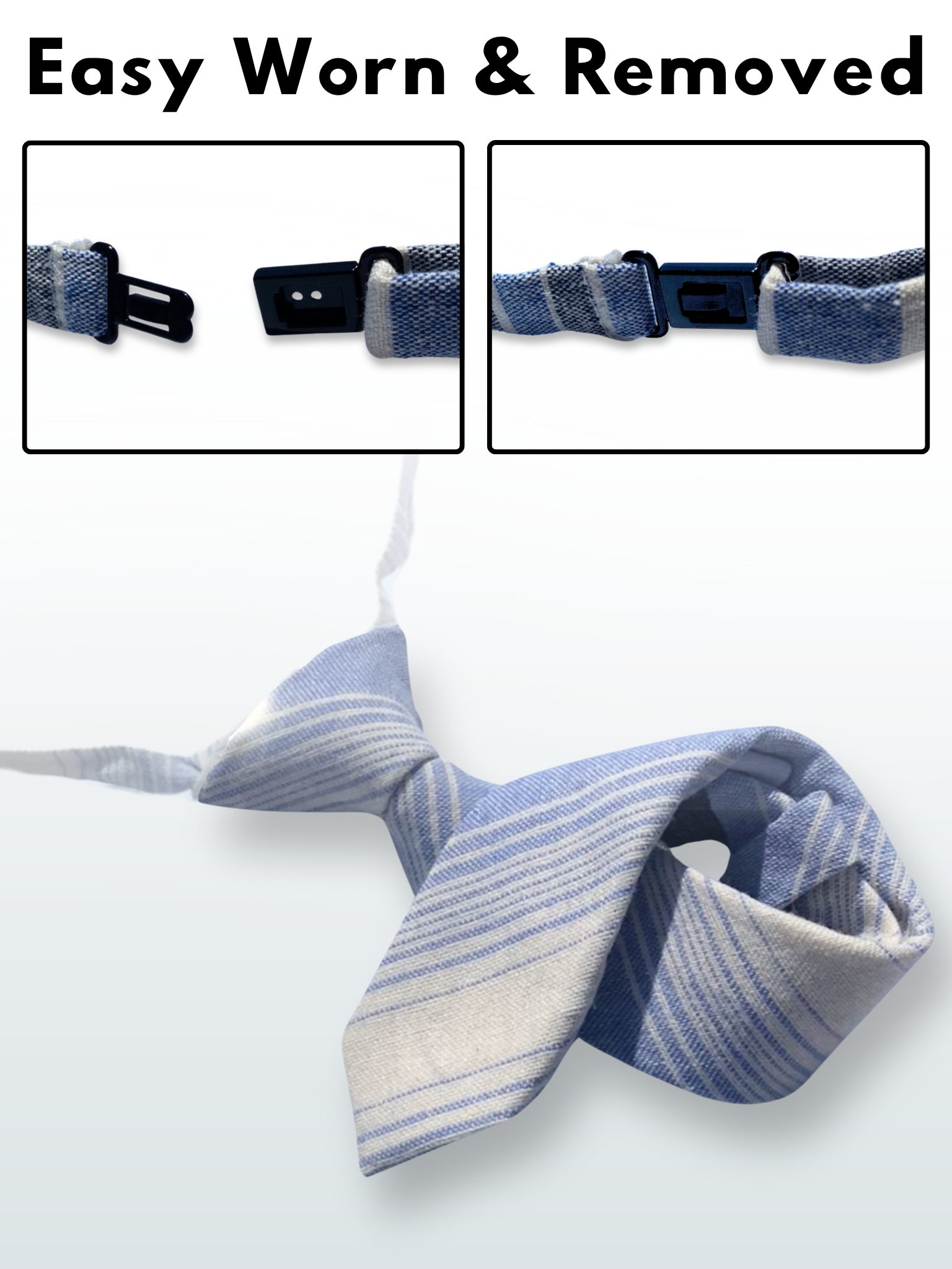 A folded cotton striped necktie for boys with thin baby blue stripes, and a white background.