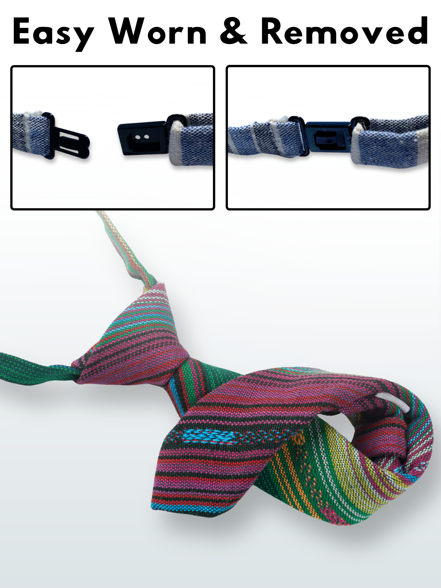A folded cotton striped necktie for boys with green stripes, purple lines, yellow bars, blue designs and Mexican styles.