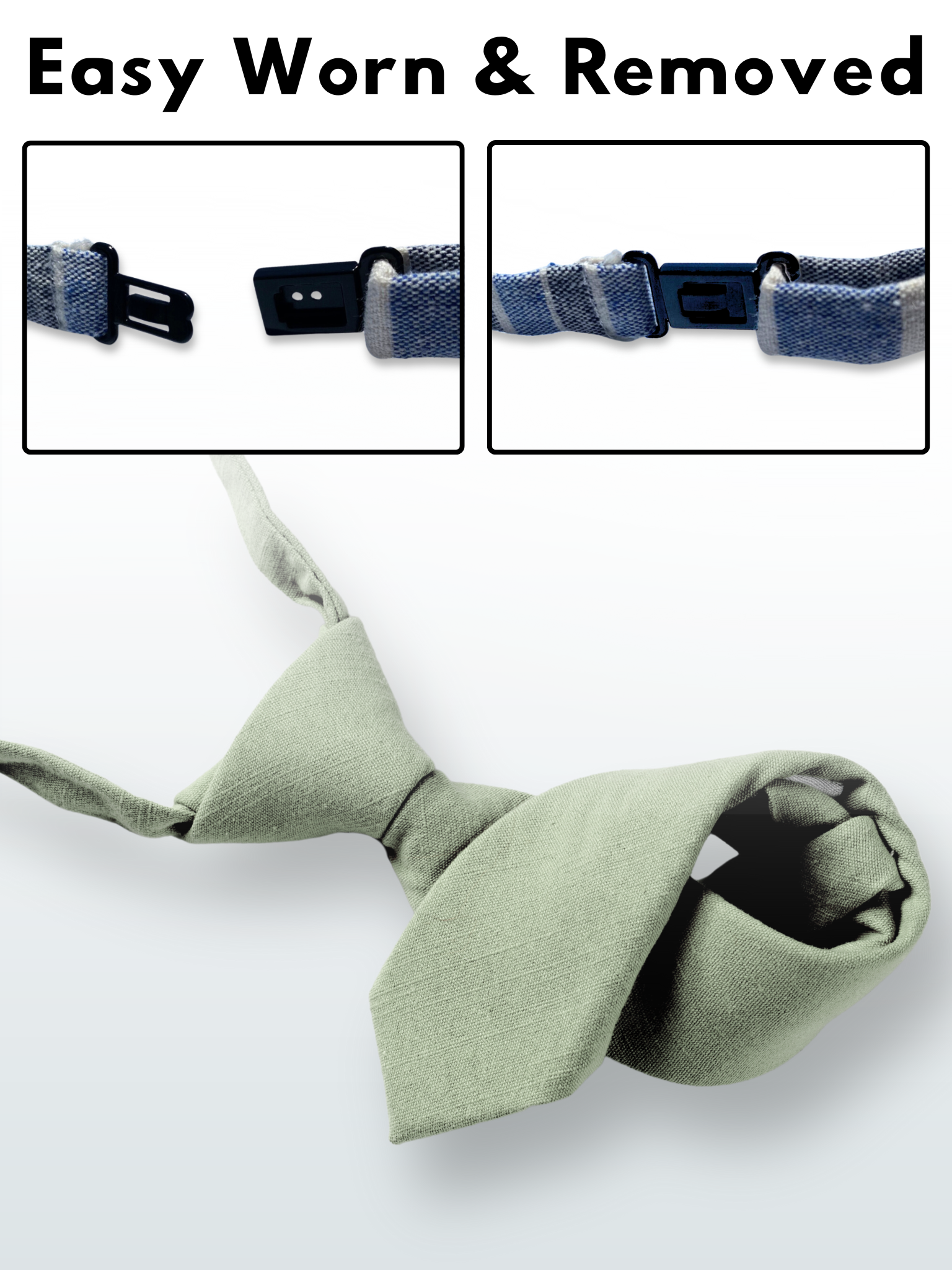 A folded cotton solid necktie for boys with a neutral sage green color.