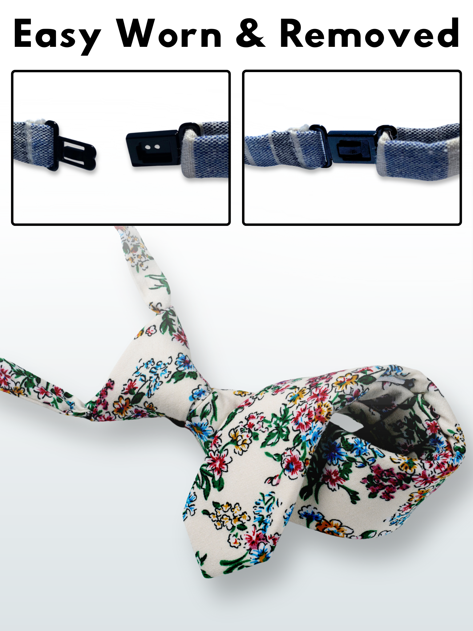 A folded cotton floral necktie for boys with watercolor turquoise flowers, pink and yellow blossoms, and green leaves.