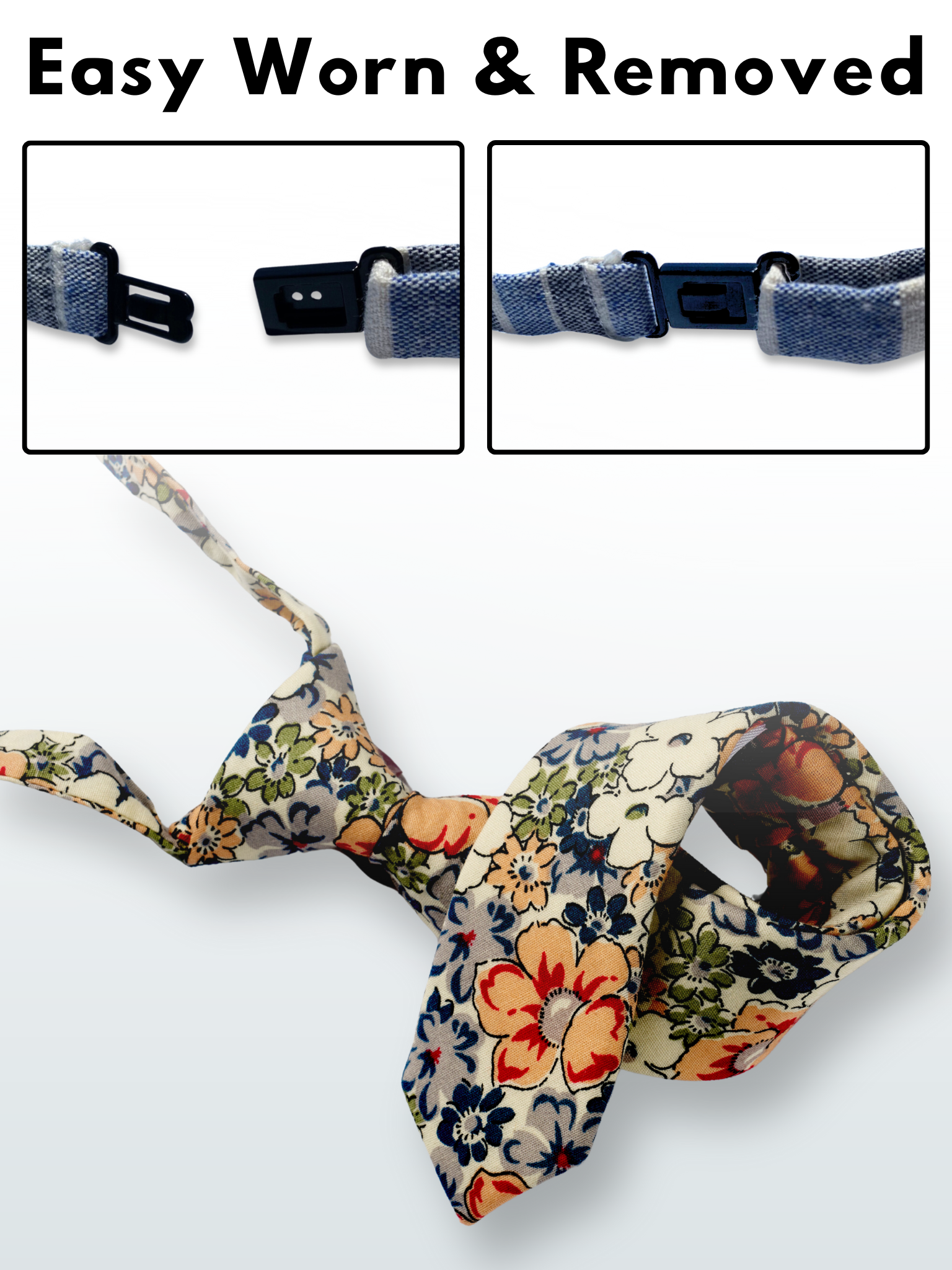 A folded cotton floral necktie for boys with blue flowers, white petals, and peach or salmon blossoms and green leaves.