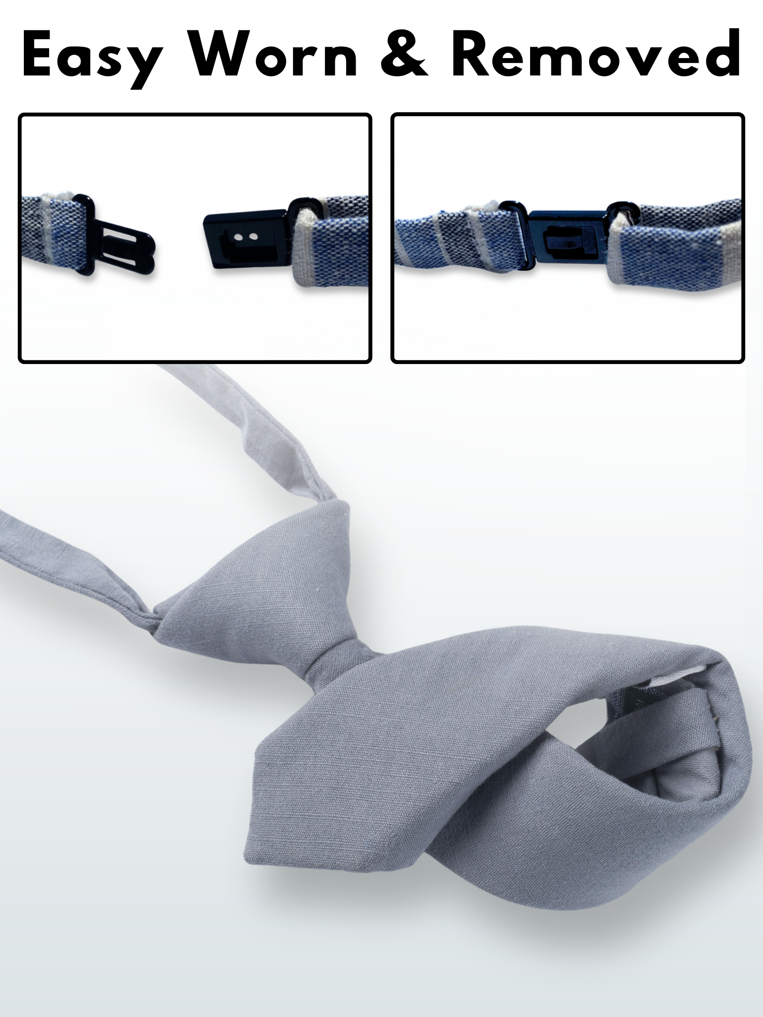 A folded cotton solid necktie for boys with a neutral light gray-blue color.