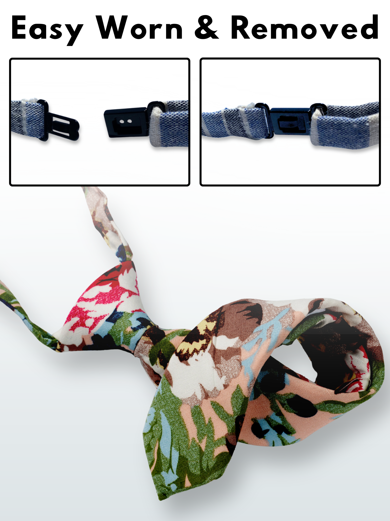 A folded cotton floral necktie for boys with dark blue flowers, brown petals, and light green water leaves.